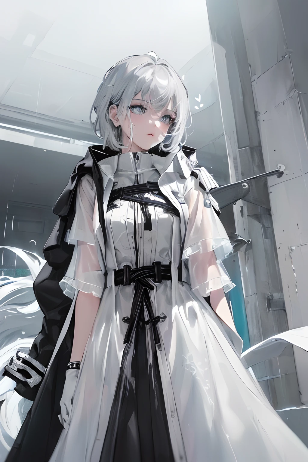 Cyberpunk woman,fansty world,white light background,Clean design,Epic Instagram,art stations,Colorful paint splashes,contours,Hyper-detailed intricate details,unreal-engine,fanciful,Complicated details,splash image,complementary colours,fantasy concept art,8K分辨率,A masterpiece of deviantart,oil painted,Heavy strokes,paint drips,(Isolate on a white background:1.3),Rainbow skins,(((beautiful young))), ((Teenage:1.5)), (Glowing light blue eyes), ((Eyes have light)),((((Short gray hair:1.1))), ((Black and white,White is the main color dress)), (A princess\\(Indifferent expression\\),, (((Wear a high-detail black and white trench coat,hooding,inside, She wears short white sleeves,It has a heart motif on it))), A head of white hair,exteriors,raining day,See-through