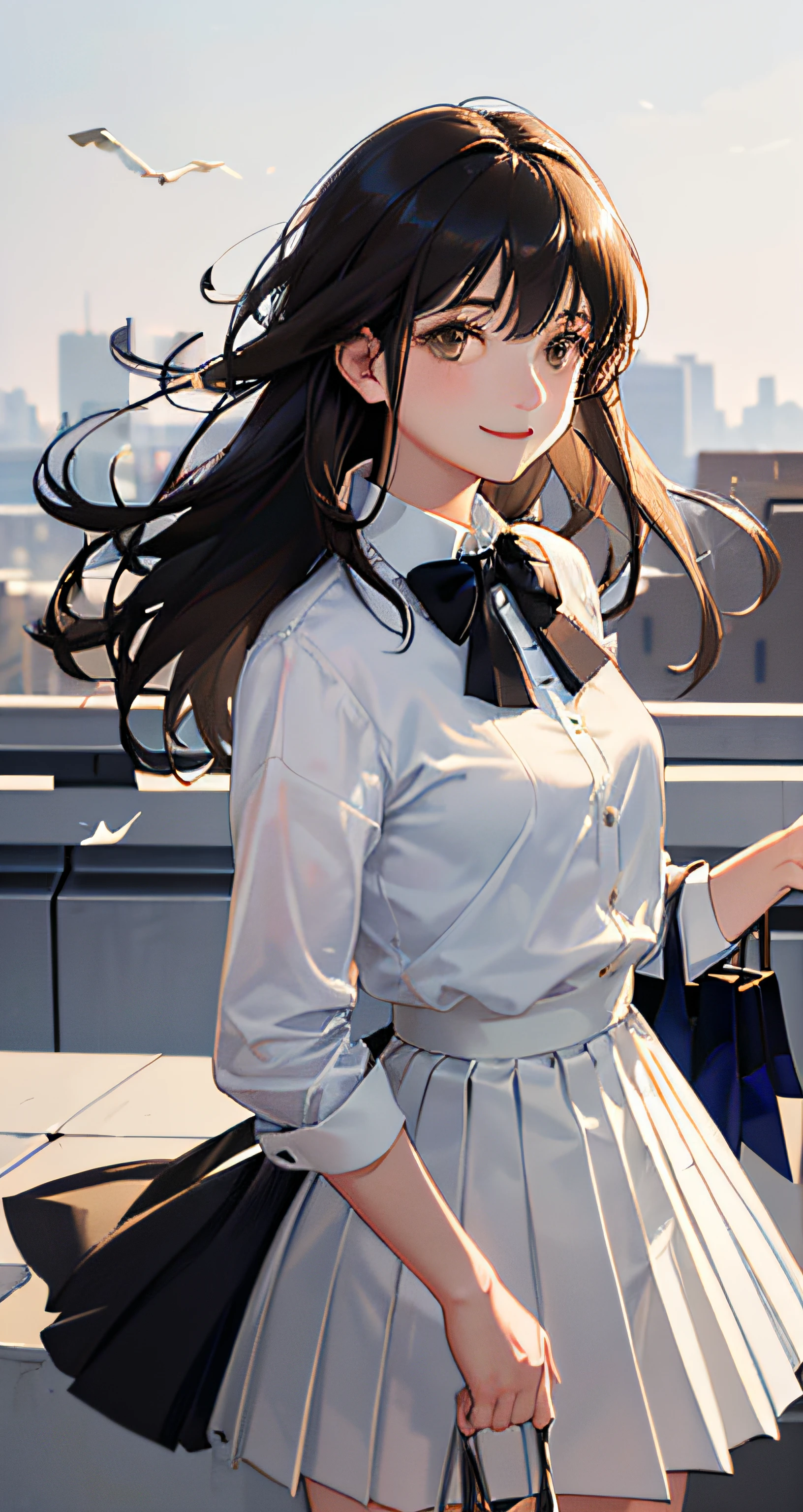 (RAW Photo, Best Quality), (Realistic, Photo Realistic: 1.2), Portrait Photo, 1 Girl, Shopping Center Rooftop Cafe, Outdoor, Smile, (High Detail Skin: 1.4), Puffy Eyes, Gorgeous Hair, Air Bangs, Brown Black Hair, White Opaque Shirt, Bow Tie, Solid Color Pleated Skirt, Soft Light, High Quality, Skin Spots,