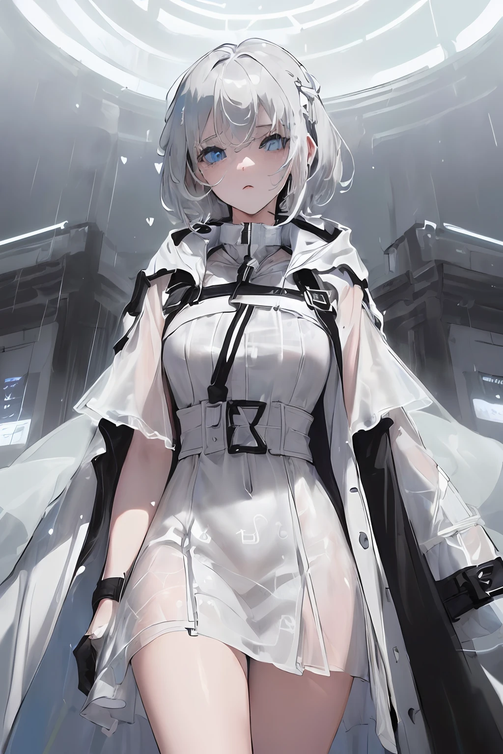 Cyberpunk woman，fansty world，white light background，Clean design，Epic Instagram，art  stations，Colorful paint splashes，contours，Hyper-detailed intricate details，unreal-engine，fanciful，Complicated details，splash image，complementary colours，fantasy concept art，8K分辨率，A masterpiece of deviantart，oil painted，Heavy strokes，paint drips，（Isolate on a white background：1.3），Rainbow skins，(((beautiful young))), ((Teenage:1.5)), (Glowing light blue eyes), ((Eyes have light))，((((Short gray hair:1.1))), ((Black and white，White is the main color dress)), (A princess\\(Indifferent expression\\),, (((Wear a high-detail black and white trench coat，hooding，inside, She wears short white sleeves，It has a heart motif on it))), A head of white hair，exteriors，raining day，See-through