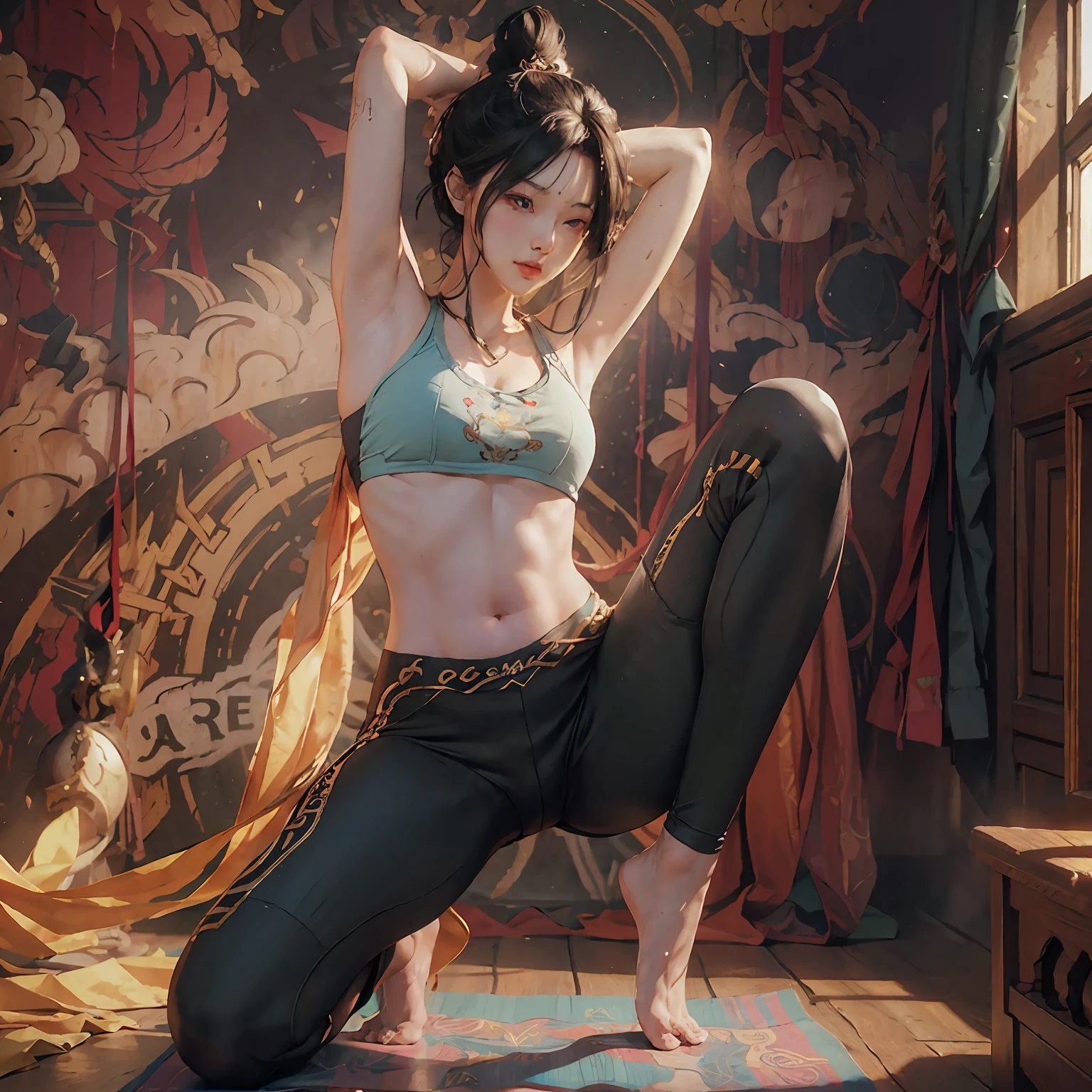 realistic, bestquality, detailed, cgillustration, wallpaper, original, shadow, volume, lighting, cinematic lightingdramatic angie, 1 girl, yoga pants, doing yoga moves, ray tracing, masterpiece, 8K