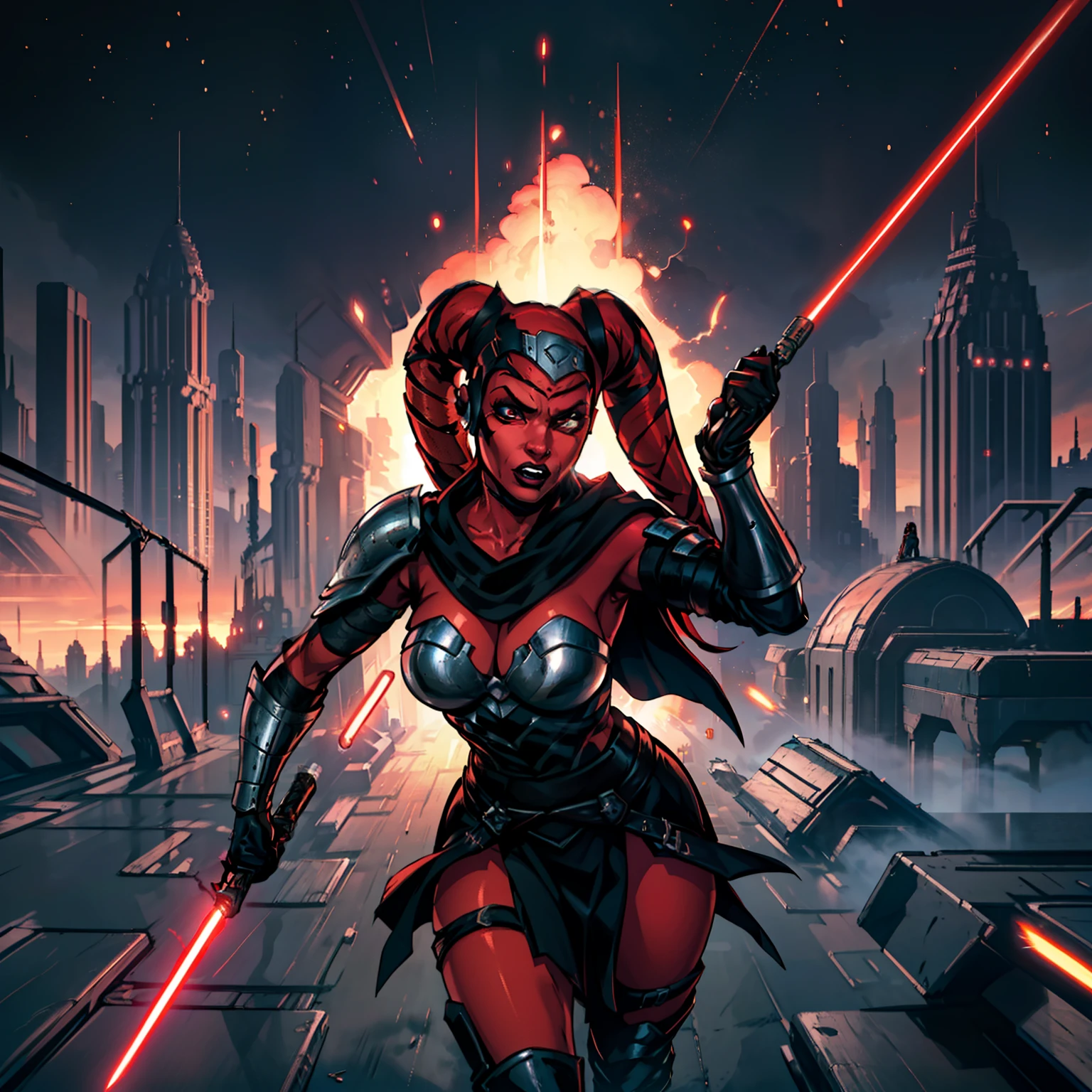 running, raised fist, violence, leaping, sword fighting, lasers, explosions, action scene, fighting, masterpiece, best quality, high-definition, armor, busty, ((red skin), twi'lek), dual red lightsabers, evil space knight, space ninja, (wearing black robes, black stealth armor, breastplate, tunic, tabard, cowl, cloak, body glove, straps, buckles, skirts, long sleeves, fantasy, ((armor))), ((busty), slender body, thin, slim sexy body, slim waist), Imperial starship, Star Wars, futuristic city, warzone
