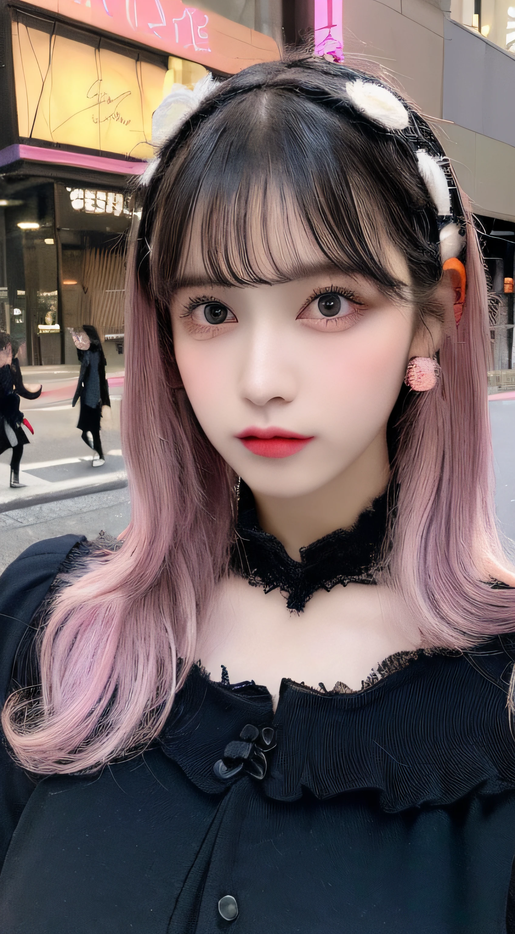 (((Best Quality, 4K, Masterpiece: 1.3))), (((Night city street:1.3))), (((detailed black clothes))), (shiny hair), ((bushy eyelashes, earrings, choker, hair clip, hair ornament, ((Black Gothic ta)), (((pink colored inner hair:1.2))), Long Sleeves, (Long Frilly Skirt: 1.2), ((Loliair Band)), (Dark Black Hair: 1.1), Ultra-Detailed Face, Detailed Lips, Detailed Eyes, Double Eyelids, Light Clothing, Clothes Sheer, Clothes Transparent, cleavage