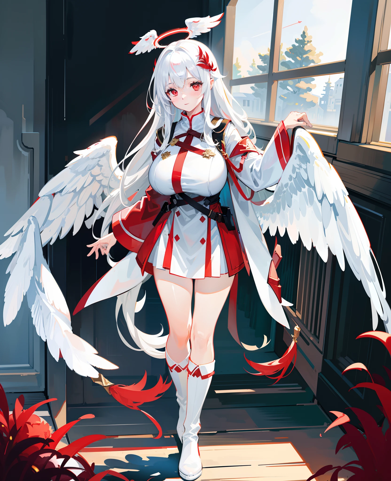 ((Red feather ornaments)), ((((Huge white wings)))), White cloak, White boots, (frontage), Under the sunlight, By the window, White hair, bangs, ahoge, Long hair, Halo, Red eyes, Blush, Light smile, anime big breast, shadowing, first person perspective, hyper HD, Award-Awarded, Halo, High detail, Chiaroscuro, Ray tracing, 16k, Masterpiece, High quality, High details, Best quality, Accurate, Anatomically correct, ((((A high resolution))))