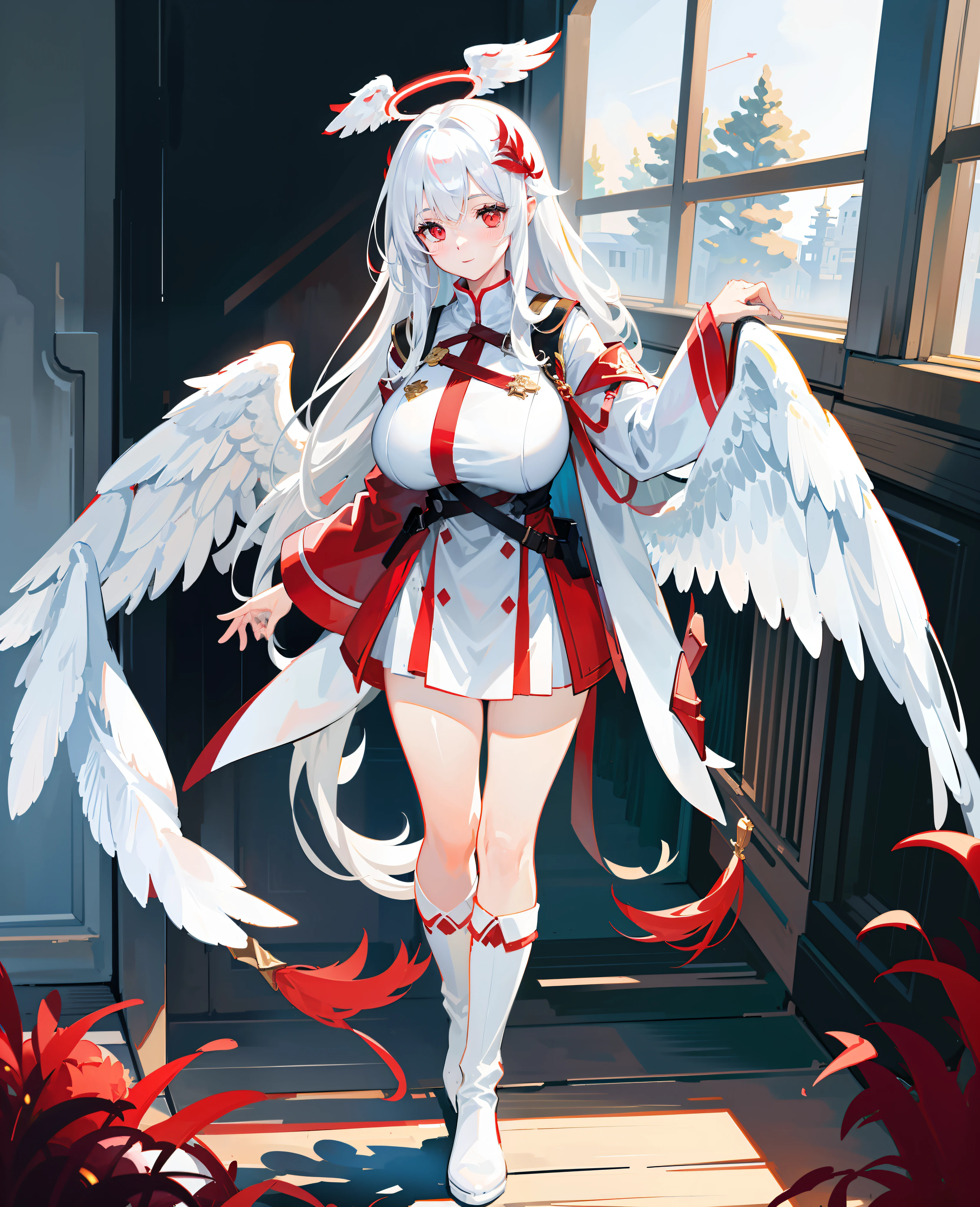 ((Red feather ornaments)), ((((Huge white wings)))), White cloak, White boots, (frontage), Under the sunlight, By the window, White hair, bangs, ahoge, Long hair, Halo, Red eyes, Blush, Light smile, anime big breast, shadowing, first person perspective, hyper HD, Award-Awarded, Halo, High detail, Chiaroscuro, Ray tracing, 16k, Masterpiece, High quality, High details, Best quality, Accurate, Anatomically correct, ((((A high resolution))))