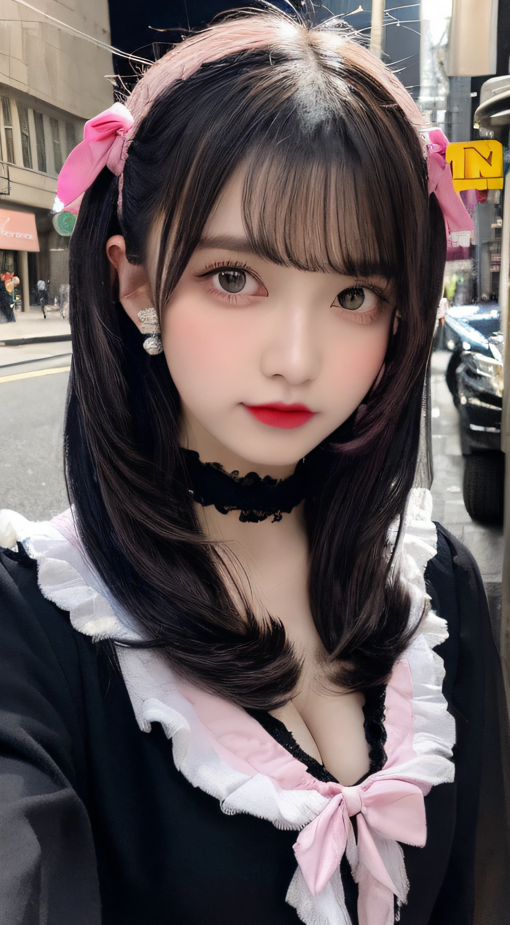 (((Best Quality, 4K, Masterpiece: 1.3))), (((Night city street:1.3))), (((detailed black clothes))), (shiny hair), ((bushy eyelashes, earrings, choker, hair clip, hair ornament, (Bow Tie, Frilly Dress Shirt, Black Gothic Lolita), (((pink colored inner hair:1.2))),  Long Sleeves, (Long Frilly Skirt: 1.2), Lolita Hair Band)), (Dark Black Hair: 1.1), Ultra-Detailed Face, Detailed Lips, Detailed Eyes, Double Eyelids, Light Clothing, Clothes Sheer, Clothes Transparent, cleavage