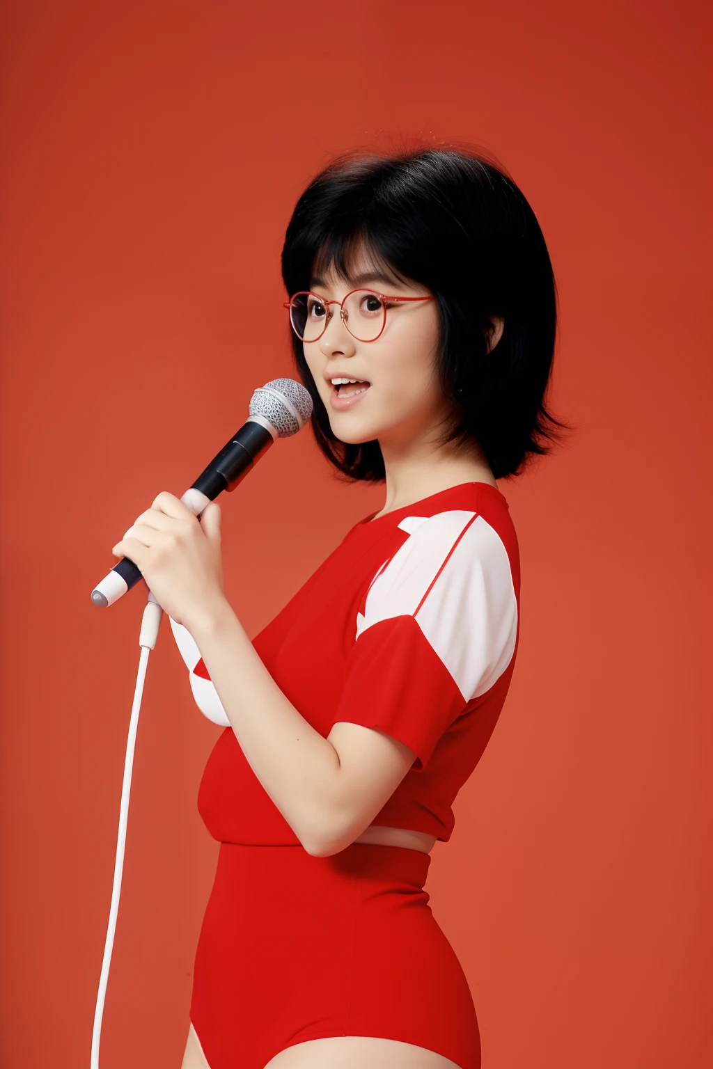 Yumiko Itaya,1girl,  Black hair, short hair, perm hairstyle,  bangs, Headband on forehead, glasses, Red and white outfit, red white tights skin tight, 80's, Idol group, band, microphone, singing