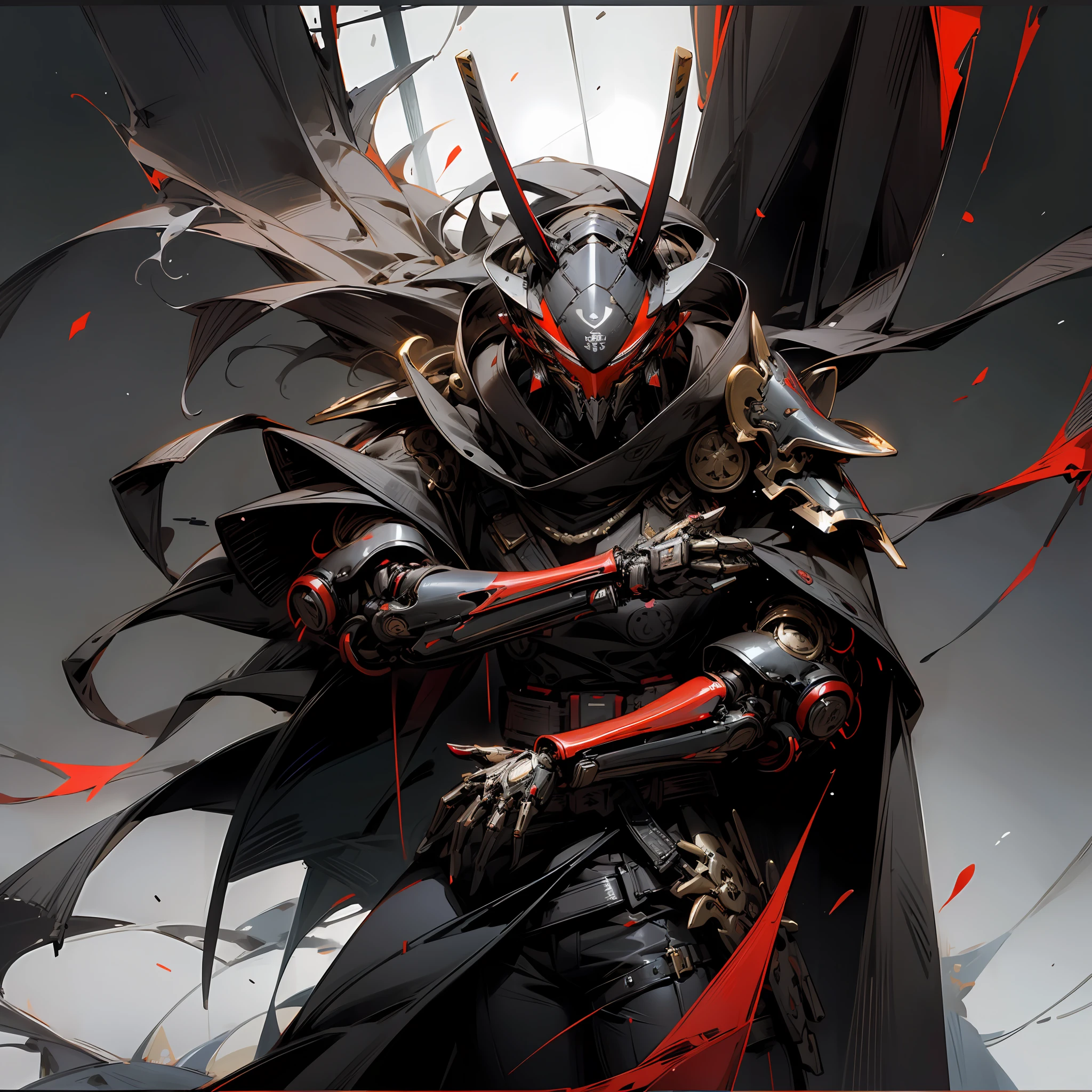 Dark_Fantasy,Cyberpunk,1manMechanical marvel,Robotic presence,Cybernetic guardian, samurai mechanical armour, katana on the waist, absolutely stunning art,wearing a black cloak, highest quality art, highest resolution, hyper detailed,black and red