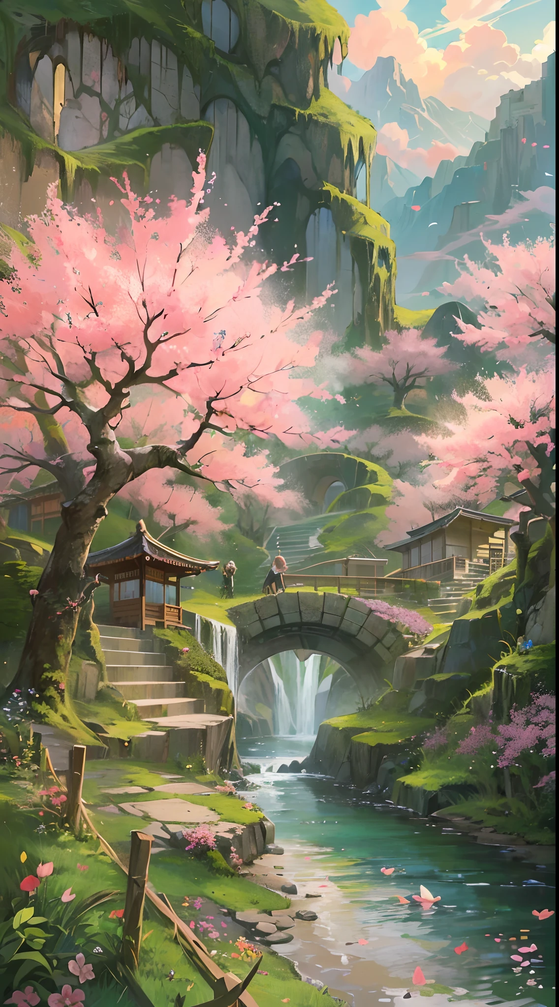 (Look inside through the cave,cinmatic lighting,in wonderland,Auspicious clouds,Peach blossom tree,Peach Blossom Forest:1.35),wood bridges,thatched hut,lawns,villages,Green Mountains and Green Water,Clear water,steams,Small rivers,moss,Flowers and plants,Waterfalls,Pavilions,BEST lighting,volume light,flashing lights,Deeply expand the scenery,One scene to the end