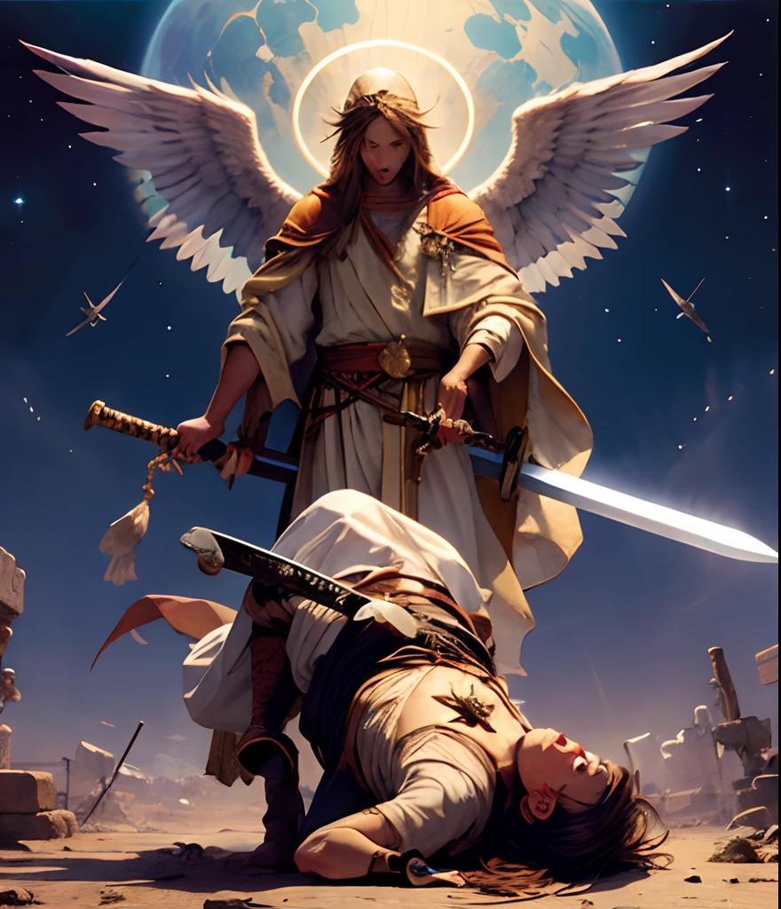 Angel Gabriel with sword in hand, super realista, Stepping on Lucifer's Head