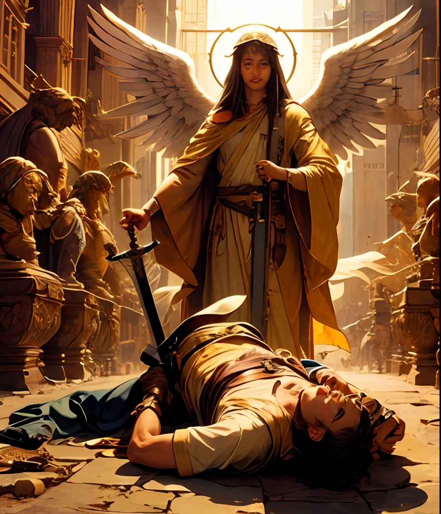Angel Gabriel with sword in hand, super realista, Stepping on Lucifer's Head