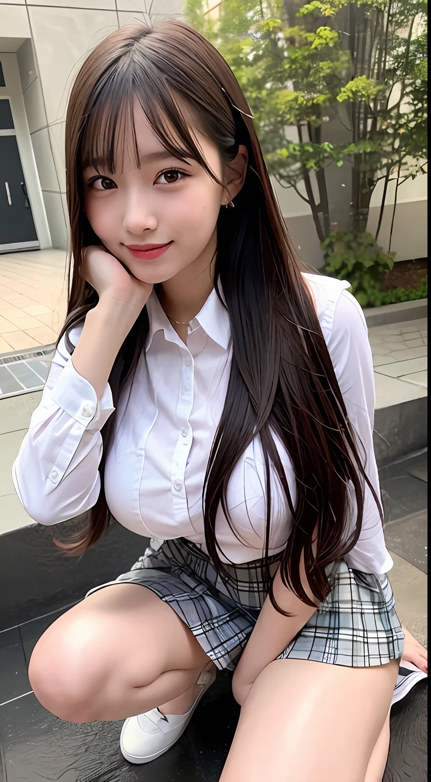 (8K), (Best Definition: 1.2), (Realistic), (Photorealistic: 1.37), Ultra High Definition, 1 Girl, Cute, Smile, Closed Mouth, Beautiful Details, Beautiful Nose, Full Body, Wet Hair, Colossal Dalsefo, School Uniform, Thighs