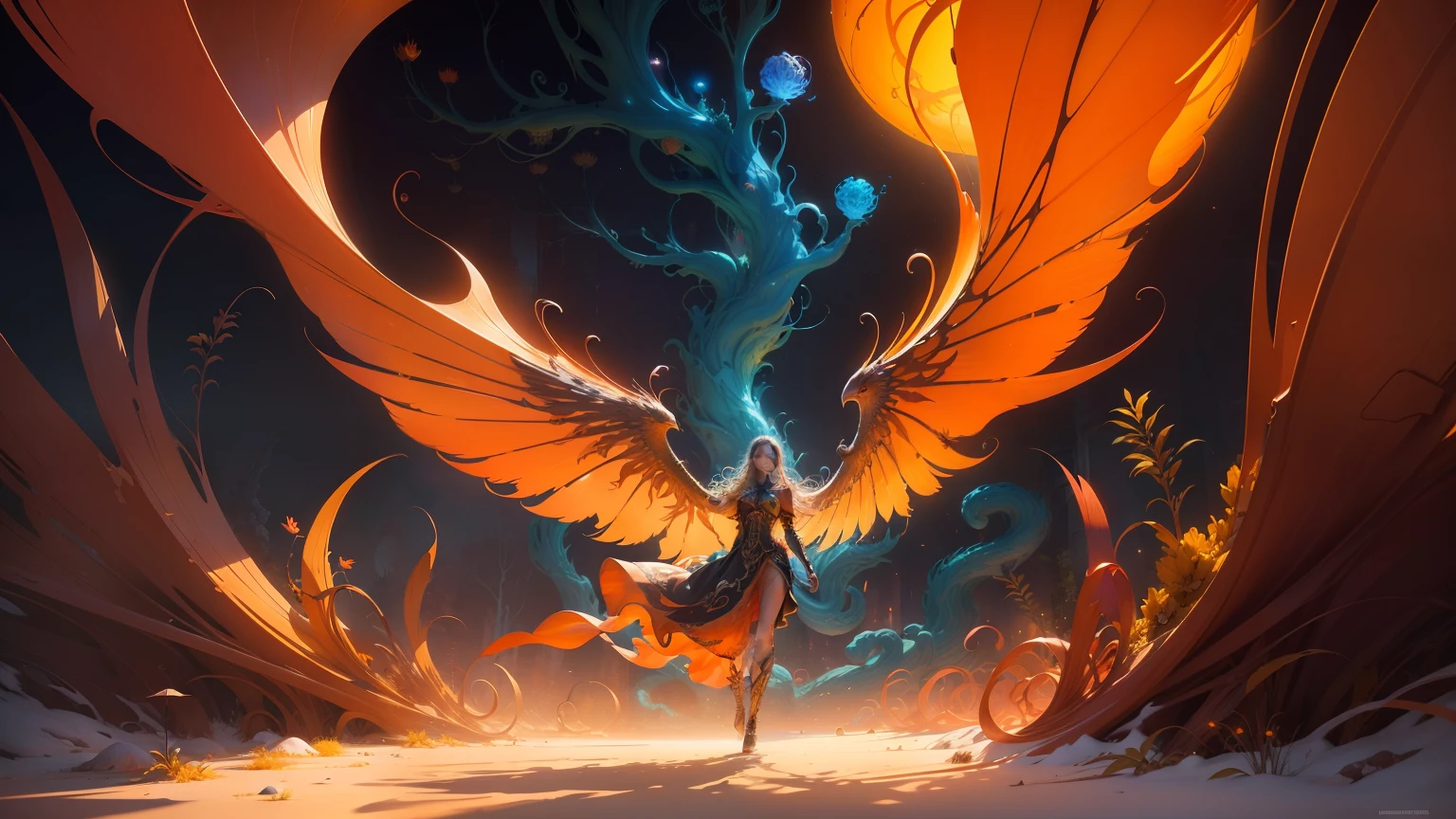 Best quality, masterpiece, super high resolution, no human, an orange-red phoenix resting in a futuristic cyberpunk garden, enchanting, high detail, eagle face, (red wings), (wings on fire), long tail, masterpiece (realistic texture: 1.2), (realistic details: 1.2), (realistic details: 1.2), ([front | side] :1.1), HDR, ultra-refined 3D modeling, as magical as the style paintings painted by Tim Burton, Dale Chihuly, Xiaolongcheng, Cyril Rolando and other authors such as Jr. Gigue. Shadows and lighting intertwine to create brilliant effects.