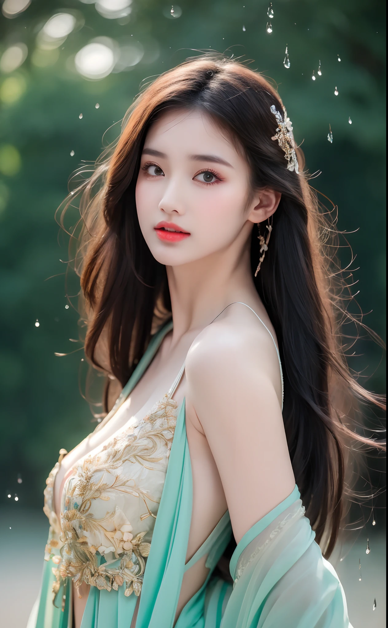 ((Best Quality, 8k, Masterpiece: 1.3)), Focus: 1.2, Perfect Body Beauty: 1.4, Buttocks: 1.2, ((Layered Haircut)), (Wet Clothes: 1.1), (Rain, Street:1.3), (Breasts: 1.2), (Hanfu: 1.2), Bare Shoulders, Bare Legs, Highly Detailed Face and Skin Texture, Fine Eyes, Double Eyelids, Whitened Skin, Long Hair, (Shut Up: 1.5), (Bokeh Background: 1.5), Big Breasts