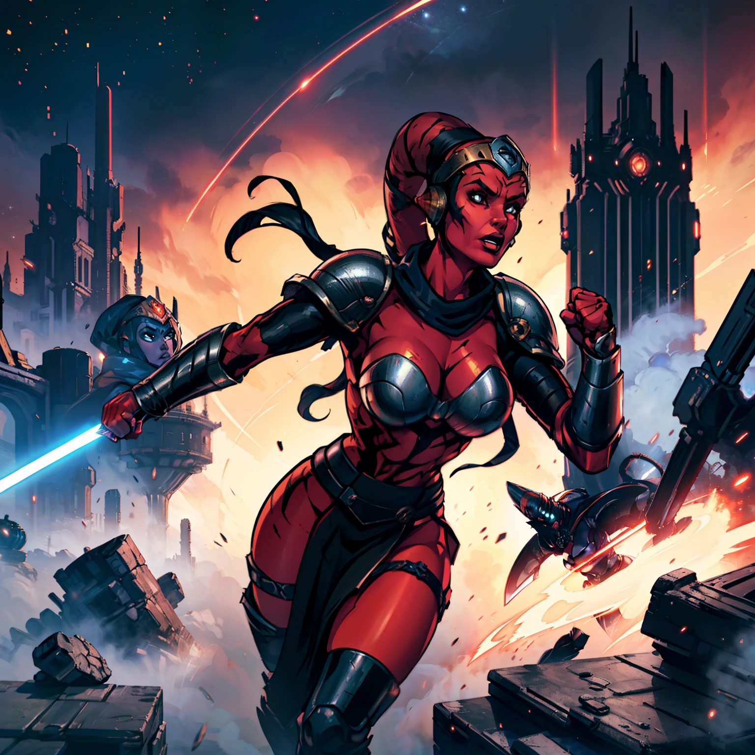 running, raised fist, violence, leaping, sword fighting, lasers, explosions, action scene, fighting, masterpiece, best quality, high-definition, armor, busty, ((red skin), twi'lek), dual red lightsabers, evil space knight, space ninja, (wearing black robes, black stealth armor, breastplate, tunic, tabard, cowl, cloak, body glove, straps, buckles, skirts, long sleeves, fantasy, ((armor))), ((busty), slender body, thin, slim sexy body, slim waist), Imperial starship, Star Wars, futuristic city, warzone