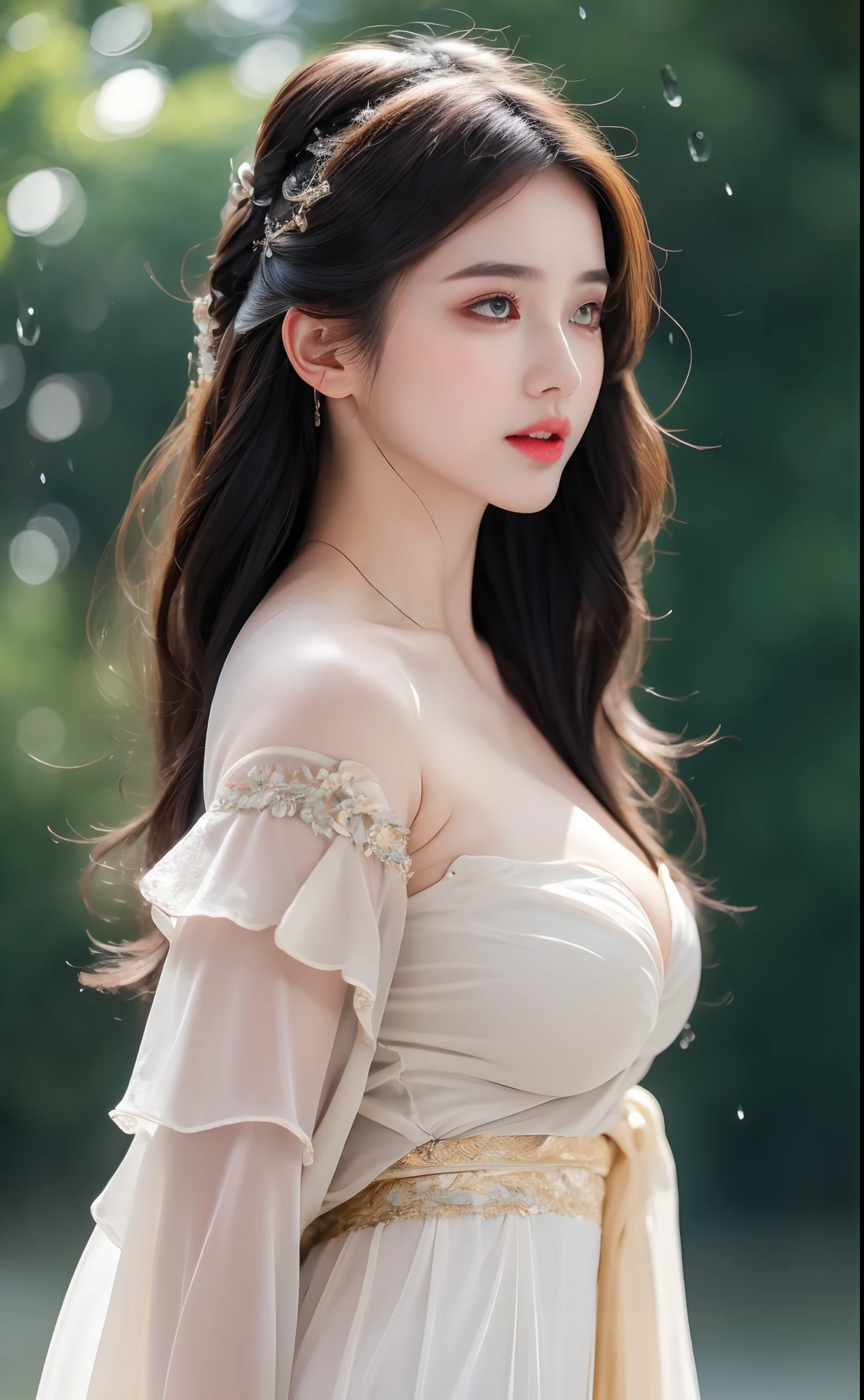 ((Best Quality, 8k, Masterpiece: 1.3)), Focus: 1.2, Perfect Body Beauty: 1.4, Buttocks: 1.2, ((Layered Haircut)), (Wet Clothes: 1.1), (Rain, Street:1.3), (Breasts: 1.2), (Hanfu: 1.2), Bare Shoulders, Bare Legs, Highly Detailed Face and Skin Texture, Fine Eyes, Double Eyelids, Whitened Skin, Long Hair, (Shut Up: 1.5), (Bokeh Background: 1.5), Big Breasts