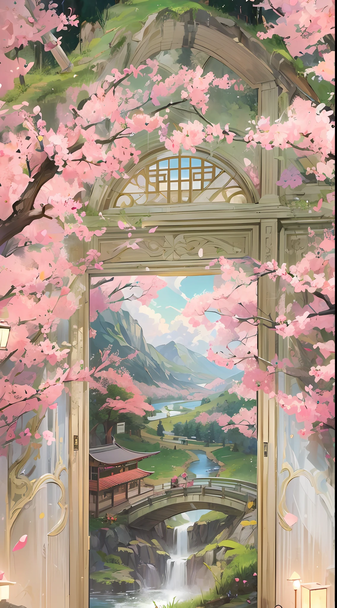 (a girl,solo,Look inside through the cave lens,cinmatic lighting,in wonderland,Auspicious clouds,Peach blossom tree,Peach Blossom Forest:1.35),wood bridges,thatched hut,lawns,villages,Green Mountains and Green Water,Clear water,steams,Small rivers,moss,Flowers and plants,Waterfalls,Pavilions,BEST lighting,volume light,flashing lights,Deeply expand the scenery,One scene to the end
