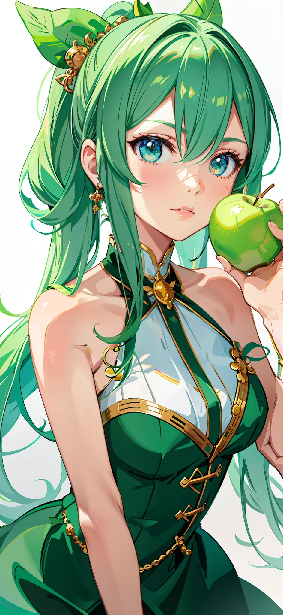 a beautiful anime portrait,Anime girl holding a green apple,Her stunning facial portrait,Artwork made in the Guvez style,cute anime girl portraits,A realistic portrait of a kawaii created in collaboration with an anime artist studio,Smooth anime CG art,Cute anime girl portrait drawing。