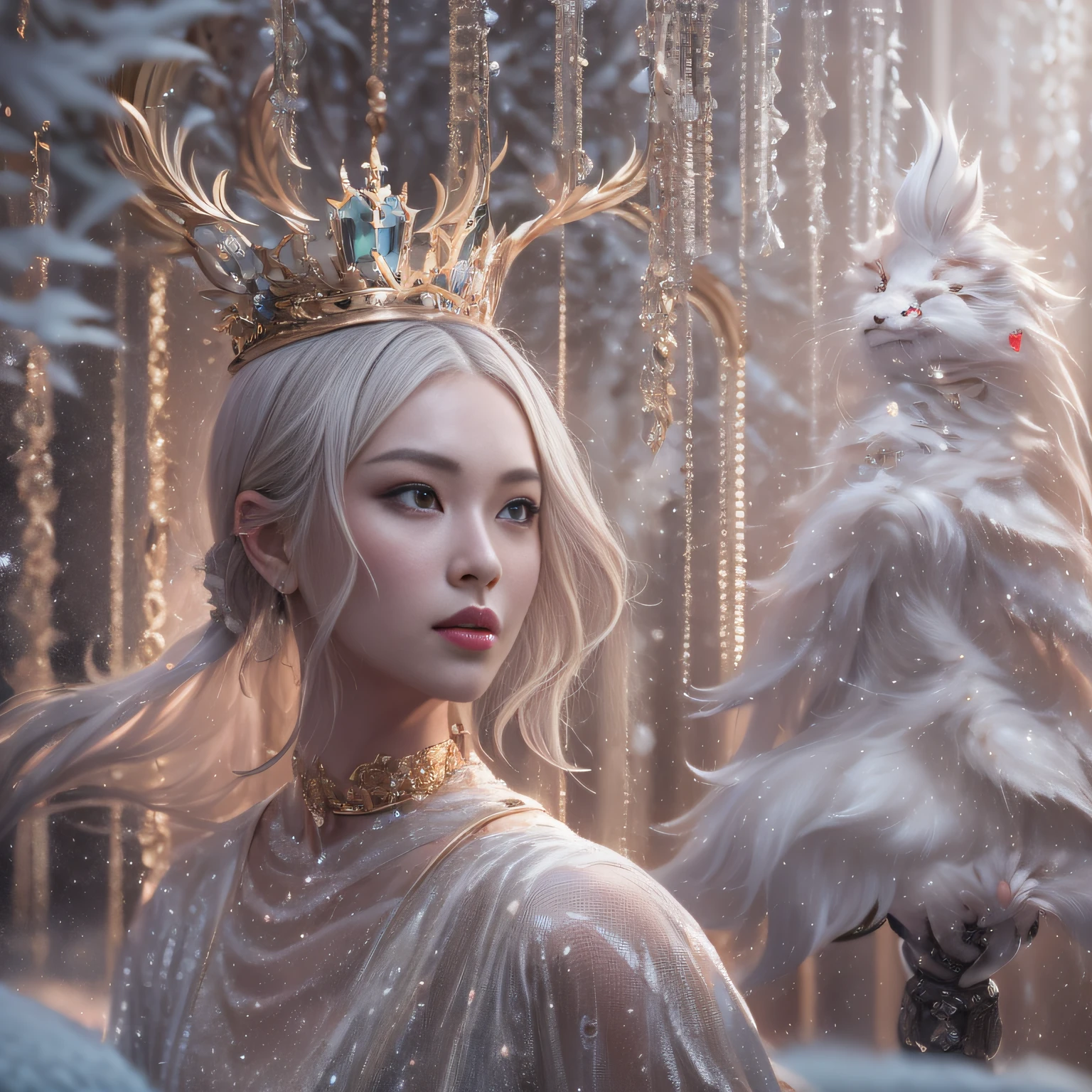 16k(tmasterpiece,k hd,hyper HD,16k)short detailed hair,Backroom winter,Snow Girl,squating,Dragon Protector (realisticlying:1.4),Python robe,Purple-pink tiara,Snowflakes fluttering,The background is pure, A high resolution, the detail, RAW photogr, Sharp Re, Nikon D850 Film Stock Photo by Jefferies Lee 4 Kodak Portra 400 Camera F1.6 shots, Rich colors, ultra-realistic vivid textures, Dramatic lighting, Unreal Engine Art Station Trend, cinestir 800,