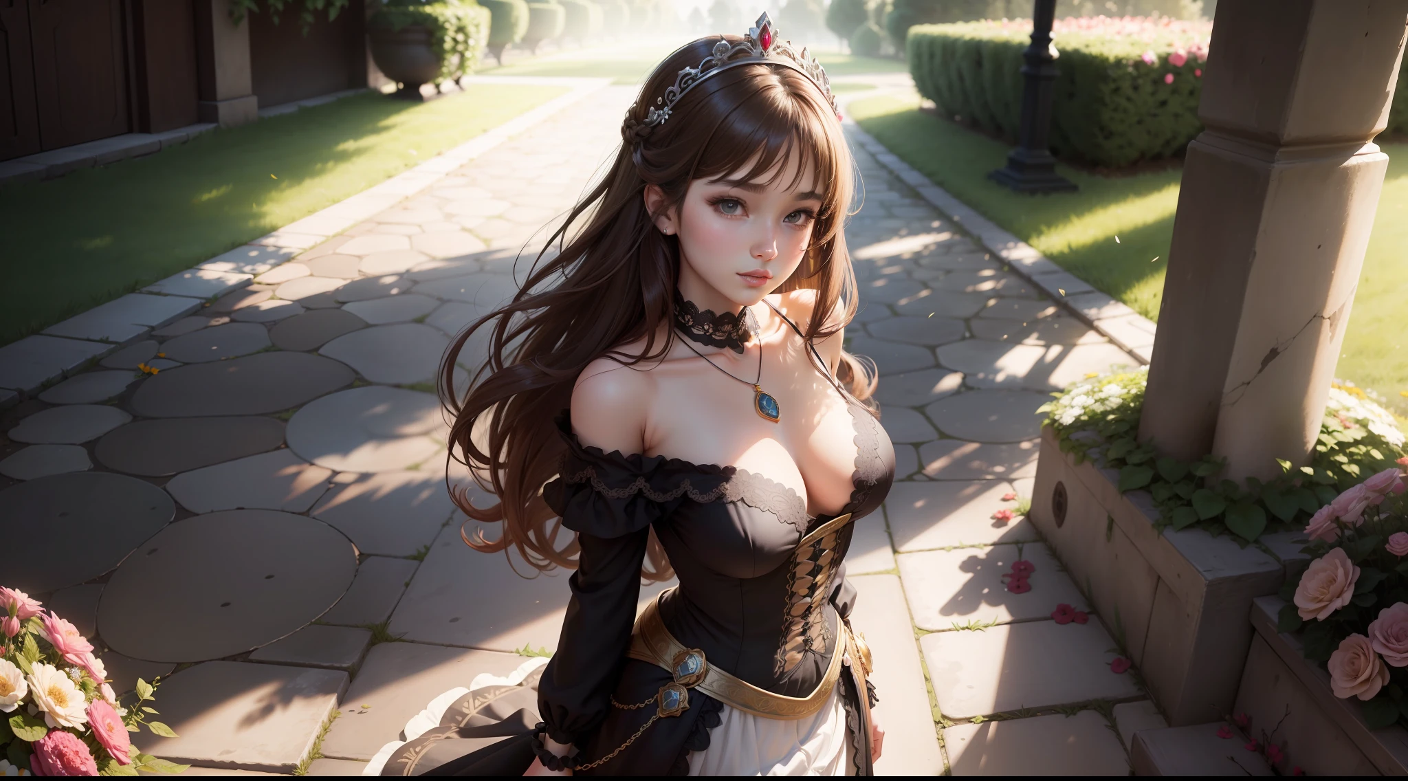 brown hair princess，
Works of masters，8K分辨率，depth of fields，Faraway view，Full body shot，Full body photo，(Exquisite facial features)，s the perfect face，Glowing skin，Mature beautiful girl，20yr old，Black pupils，Long brown hair，Loose hair，tiara crown，mideum breasts，C cup，exposed bare shoulders，Black low-cut dress，Lace-trimmed skirt，Wear flowers，Ruby necklace，borgar，trpical garden，in the early morning，rays of sunshine