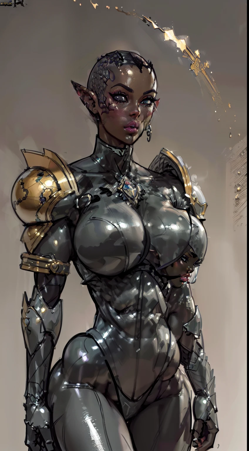(((1girl:1.8))), ((bulky woman:1.5)) sehele style, anime style, (((dark elf))) (((dark gray skin:1.6))) and (rocky skin texture) (((smoldering eyes))), ((bald:1.5)), no hair, ((no hair:1.5)), 8k, 4k, Unreal Engine 5, octane render, trending on pixiv, ((huge shoulder pads:1.7)) fanbox, skeb, (((white glittering armor))), masterpiece, ((8 pack abs:1.2)),(huge breasts:1.4), (full bodied), wide hips, (full lips:1.5), smooth soft skin, big dreamy eyes, beautiful intricate, anime wide eyes, soft lighting, concept art, digital painting,