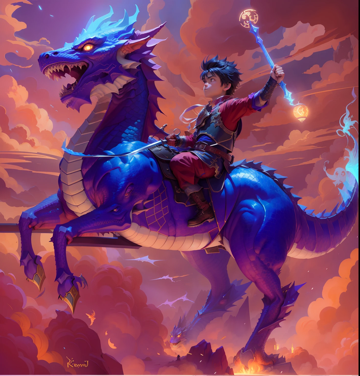 There was a boy riding a dragon with a sword in his hand.., Dragon Rider, Dragon Ride, Style Rob Rey and Kentaro Miura, Epic full color illustration, Rob Rey and Kentareõ Miura Style, Inspired by Jeremy Chong, Fat vs Dragons. passenger, Ross Tran and Bayard Wu, by Yang J, epic fantasy digital art style
