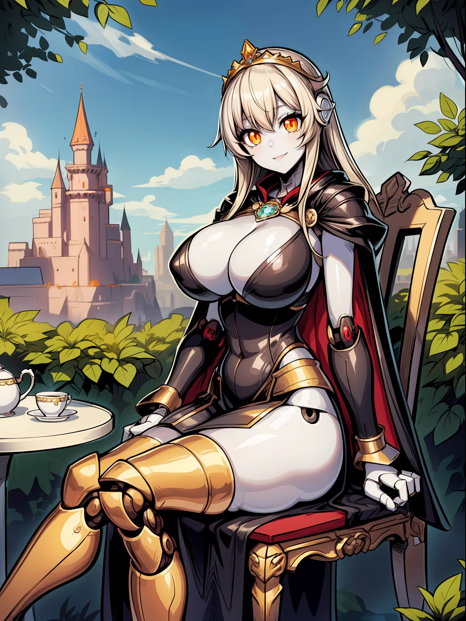 masterpiece, best quality,1girl,solo, robot girl, humanoid robot,robot joints, orange eyes,long hair, (colored skin),huge breasts,tiara, jewelry, armored dress,gold trim, sleeveles,cape,castle in background, (outdoors),garden,sitting, on chair,tea cup on table, armrest, (across table), light smile