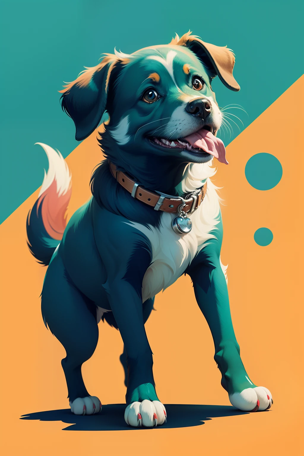 A Disney-style illustration of a dog character with its tongue out, in a pop and vibrant color palette. logo.
