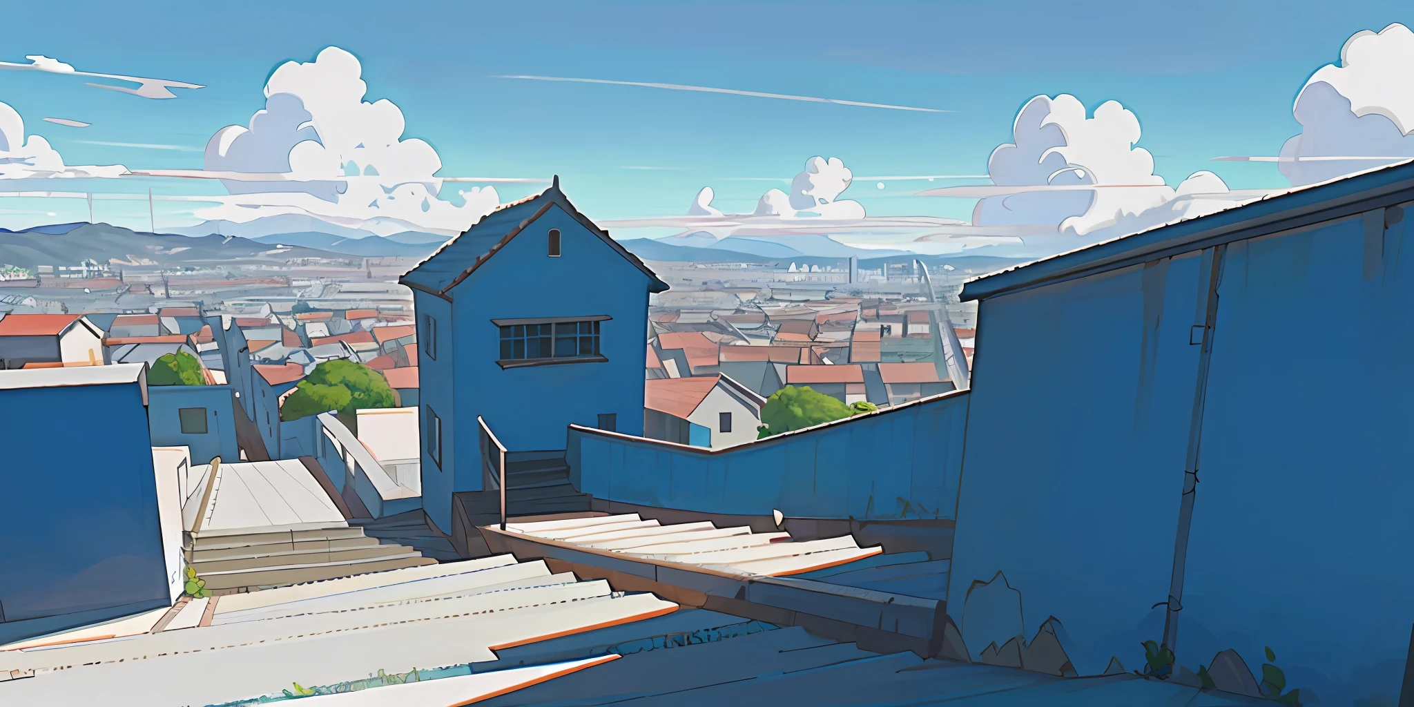 street, anime, loft, landscape, white cloud, blue sky