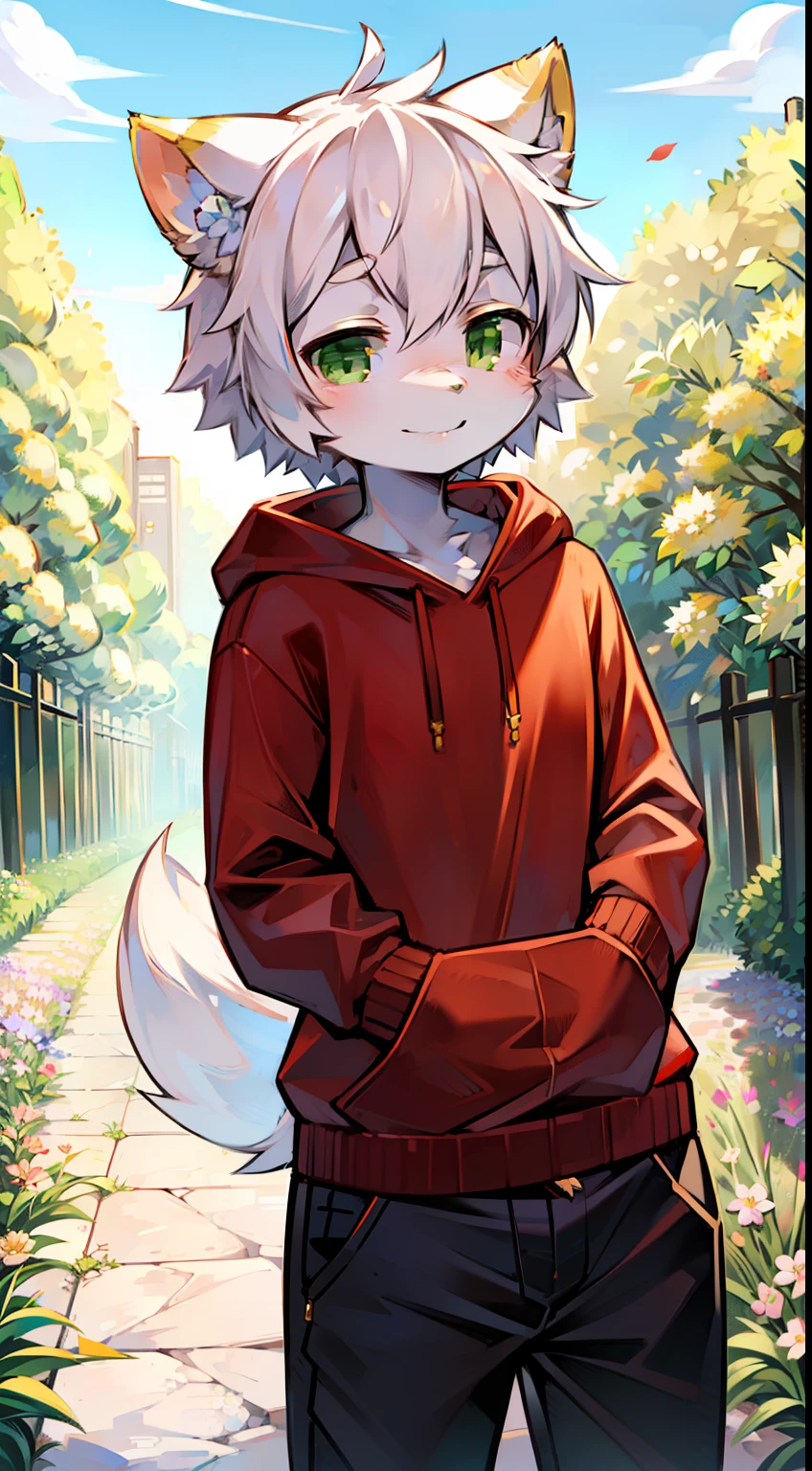 Solo, kemono, femboy white hair, green eyes, wear red hoodie, wear black pants, look at camera, smile, standing in flower garden, flower garden background, noon time