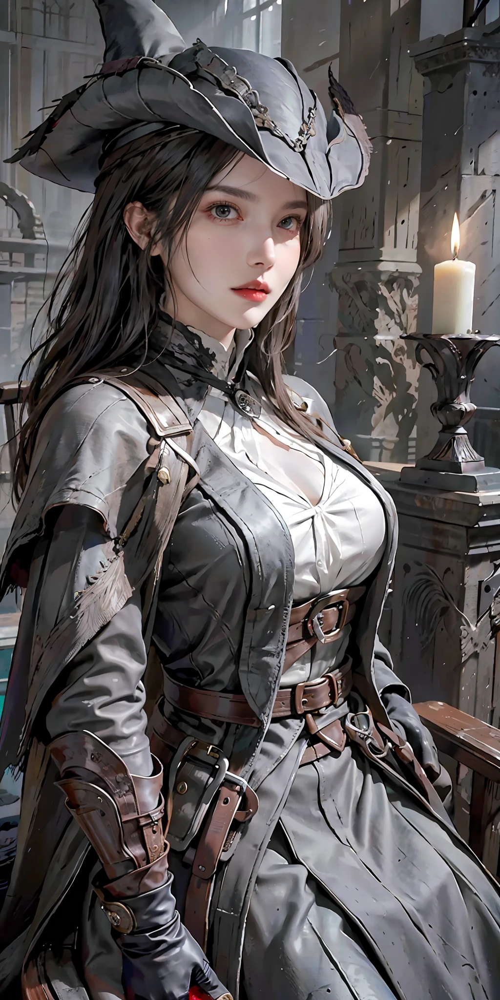 photorealistic, high resolution, soft light,1women, solo, hips up, look at viewer, (detailed face), white hair, edgBB, torn clothes, coat, vambraces, black capelet, capelet, hunter (bloodborne), black gloves, arms at sides, tricorn hat, belt, woman wearing edgBB_outfit, bloody neckcloth, dark, candles, sitting on throne, jewelry