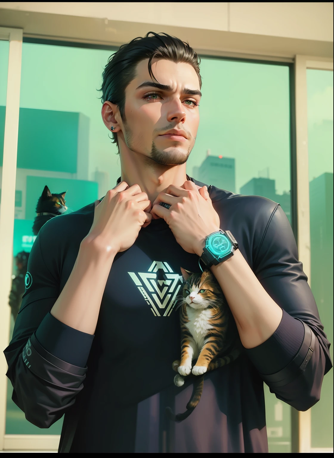 Change Background cyberpunk handsome boy realistic face with a cat on shoulder 8k ultra realistic
