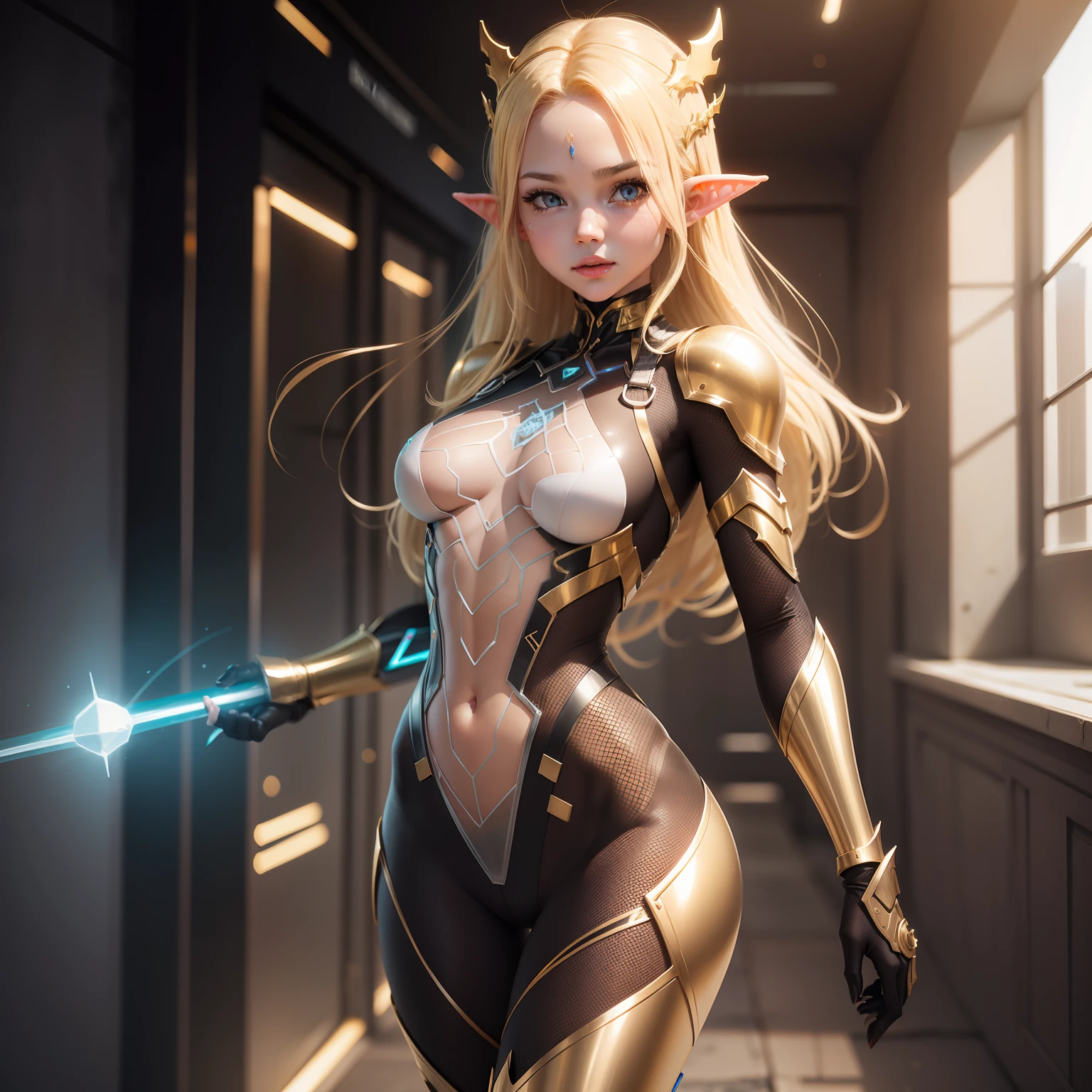 elf girl, in a transparent mesh suit, Body detailing, A unique face, Golden hair, takes a selfie, dynamicpose, so cute, physical based rendering,