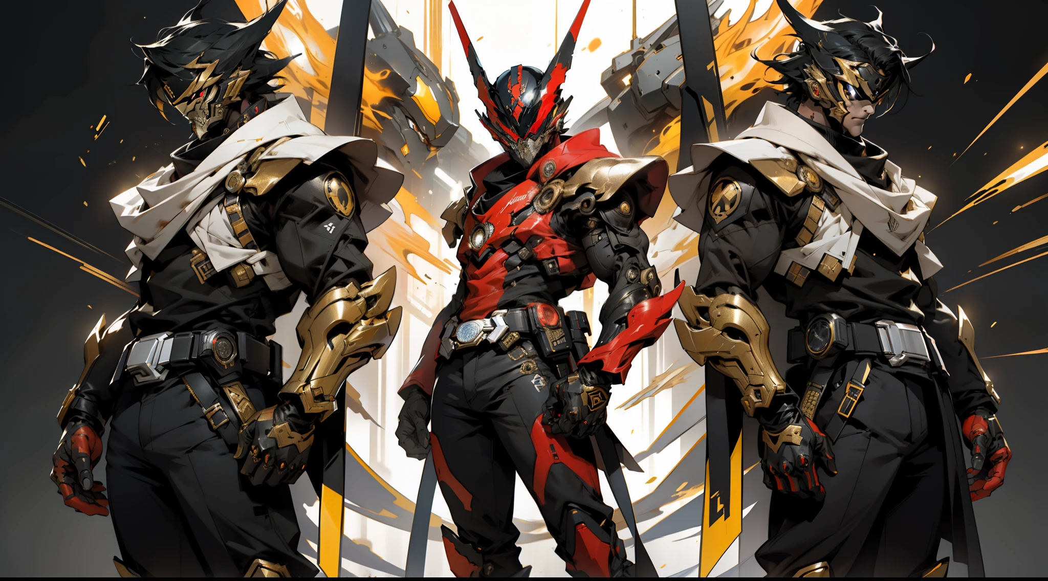 5 Kamen Riders,standing on your feet,whole body display,Fire magic background,perfect bodies,Black and gold color scheme,Black and red color scheme,Black and white color scheme,Particle light effects,sci-fy,booster Flare,occult photorealism
