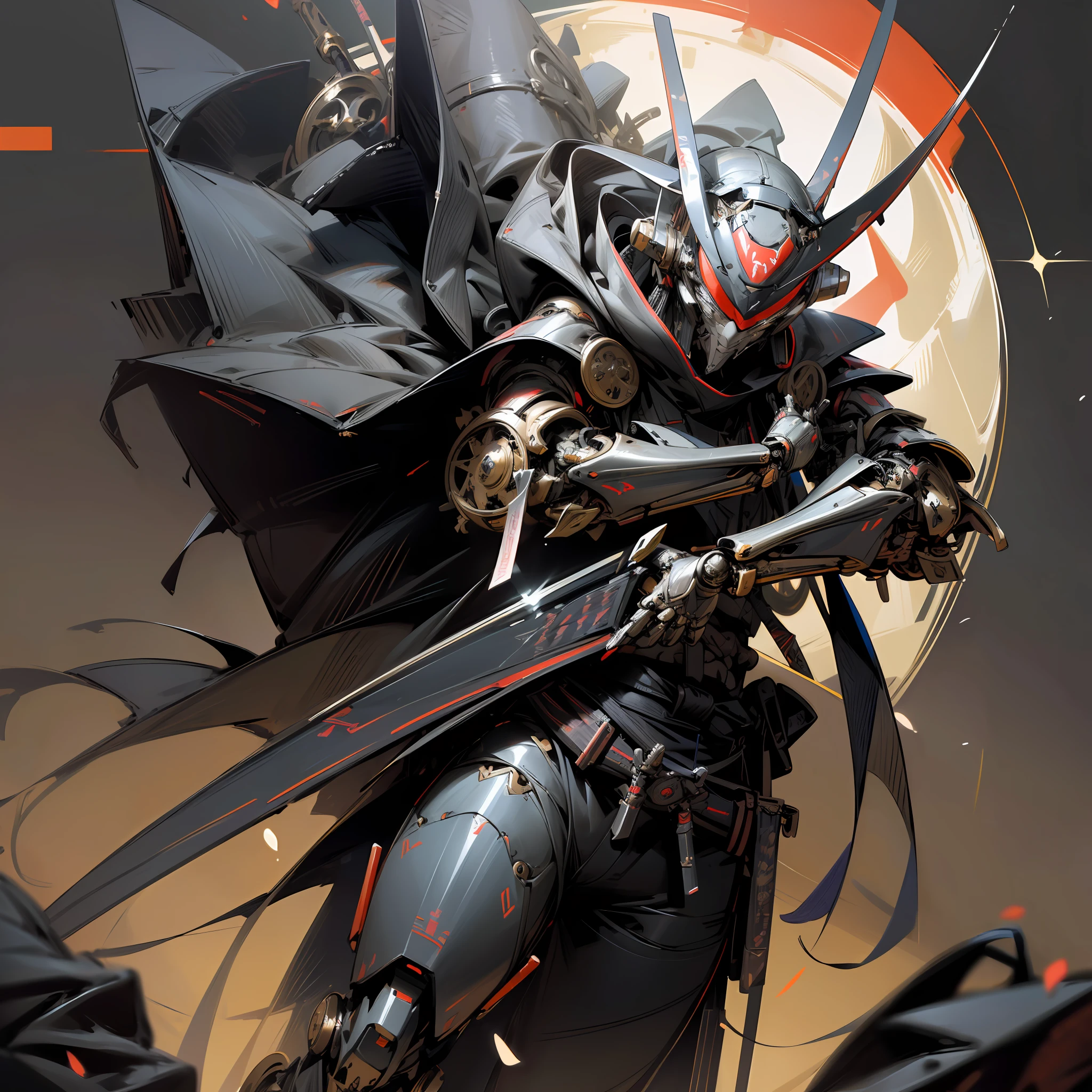 (absurdres, highres, ultra detailed),(Masterpiece, best quality:1.2),Dark_Fantasy,Cyberpunk,1manMechanical marvel,Robotic presence,Cybernetic guardian, samurai mechanical armour, katana on the waist, absolutely stunning art,wearing a black cloak, highest quality art, highest resolution, hyper detailed,black and red, (mechanical ninja:1.2)