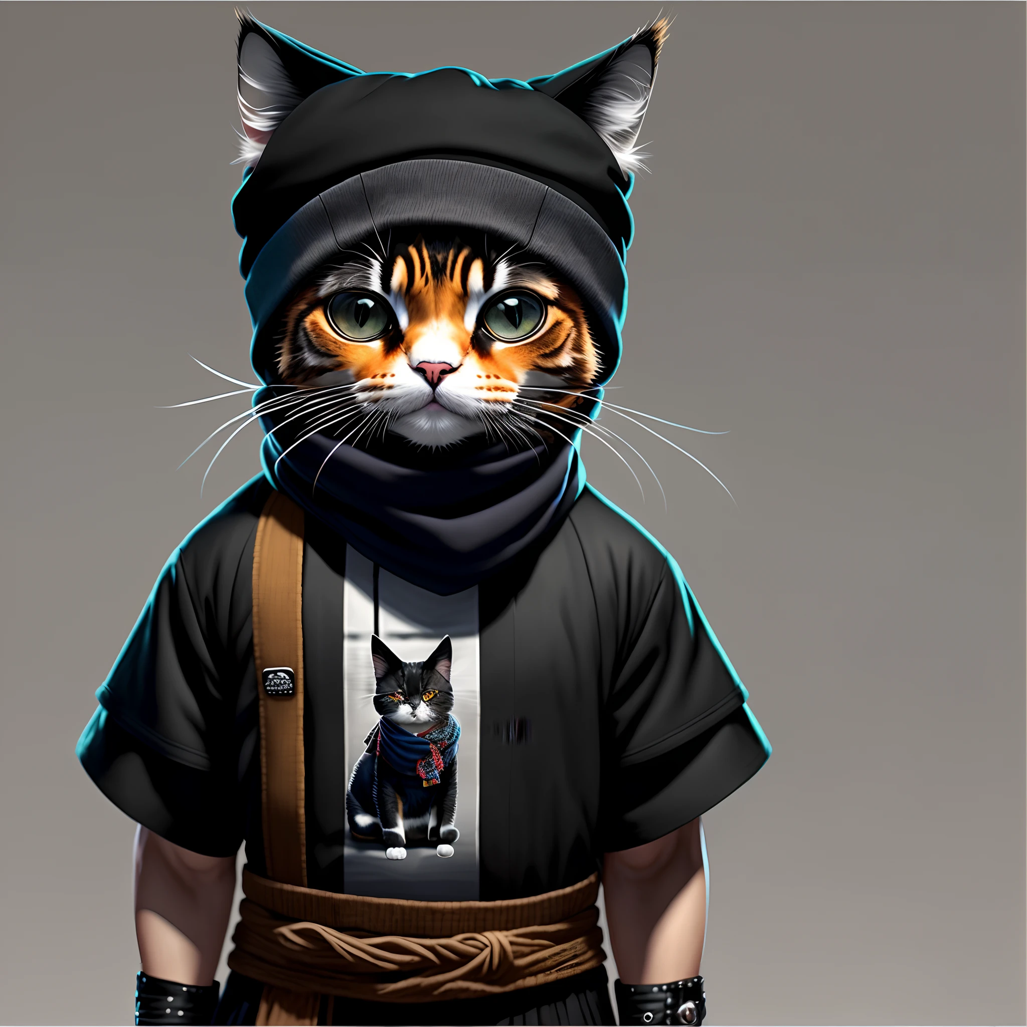Image of a cat with black cap and scarf, Art Station Trend, vestido com roupas punk, hyper realistic detailed rendering, British gang member, Estilo urbano, Pose intimidadora, planeta dos gatos, roupas da moda, Samurai Urbano, miau, West Slavic traits, Design circular, design de camisa
