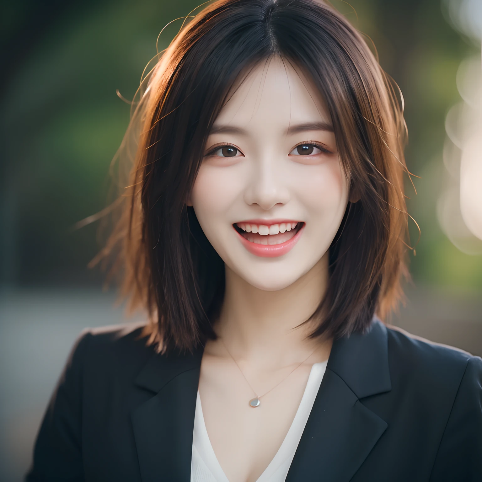 Dressed, (photographrealistic:1.4), (Hyper realistic:1.4), (Realistic:1.3), (Smoother lighting:1.05), (increase cinematic lighting quality:0.9), 32K, 1girl in,25-years old, Realistic lighting, Backlighting, Light on Face, raytrace, (Brightening light:1.2), (Increase quality:1.4), (Top quality real texture skins:1.4), finely detailed eyes, finerly detailed face, (tired and sleepy and joy:0), (Laugh:1.4), Black Suit,a necklace, (Increase body line mood:1.1), (Increase the beauty of skin texture:1.1)