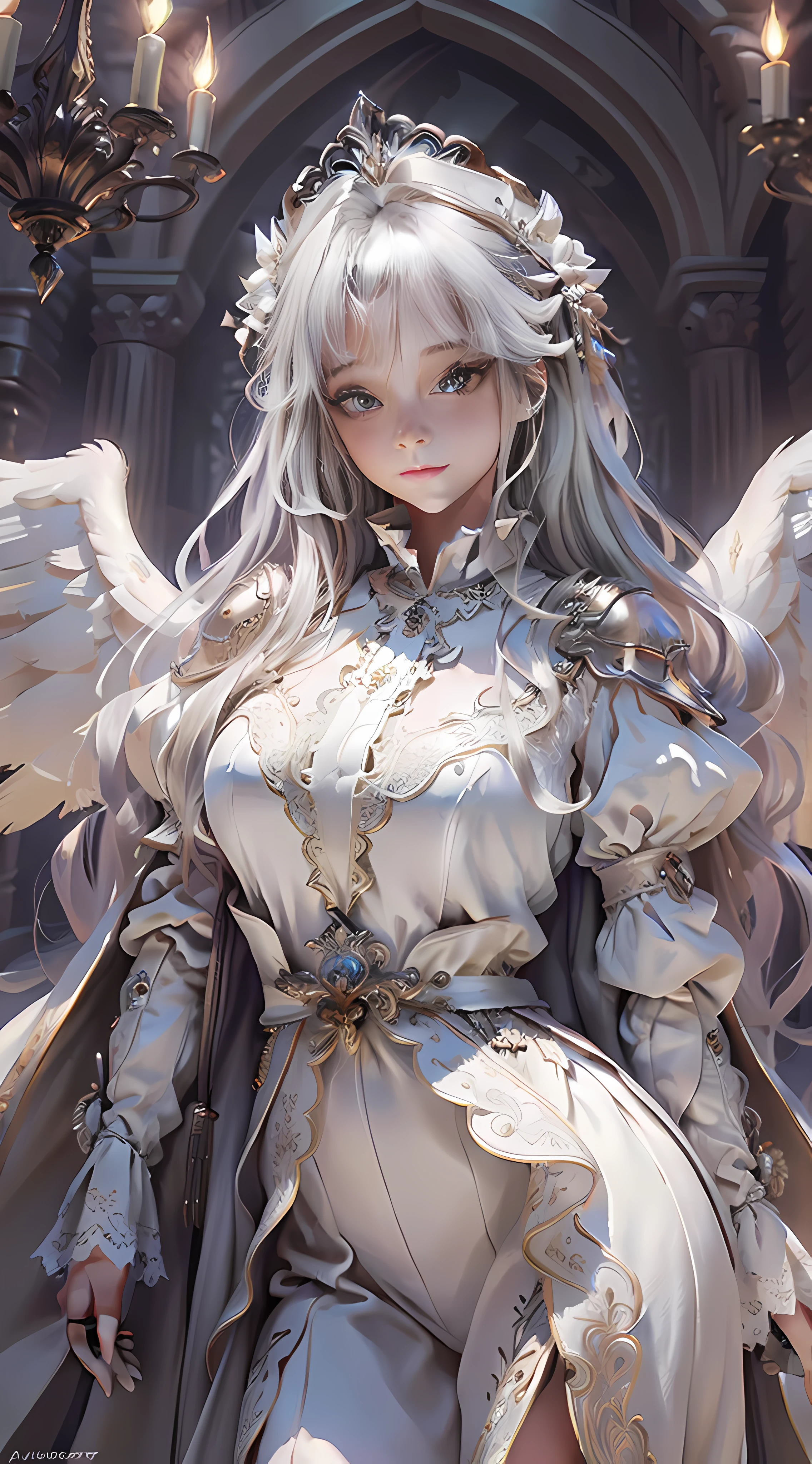 (Masterpiece, Best quality, Detailed background, Intricate details), Floating castle, 1girll, angel, a glowing halo, Glowing wings, long white robe,