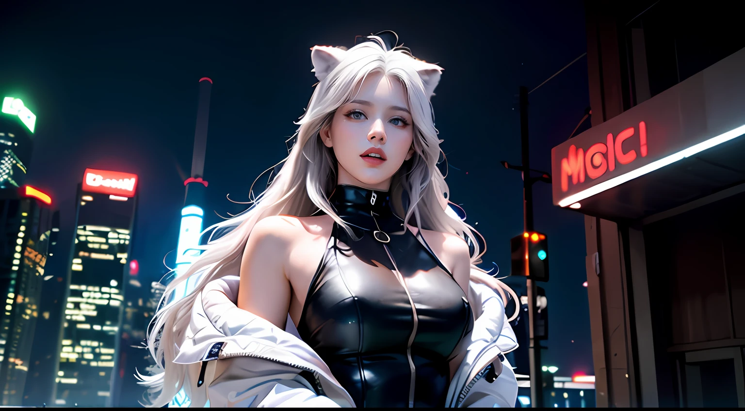 (masterpiece, high-res, captivating:1.3), Wonder Girl
Dress up in futuristic cyberpunk-themed outfits, (In addition to elegance..
White Wolf:1.5), With mesmerizing blue eyes that shine like sapphires.., (located within
The atmosphere of a dark and towering high-rise building:1.1), Flashing light.
Creepy Light, Capture the essence of neon hunters, Mixing technology,
beauty, and the unwavering spirit of the wilderness in a dystopian urban landscape...