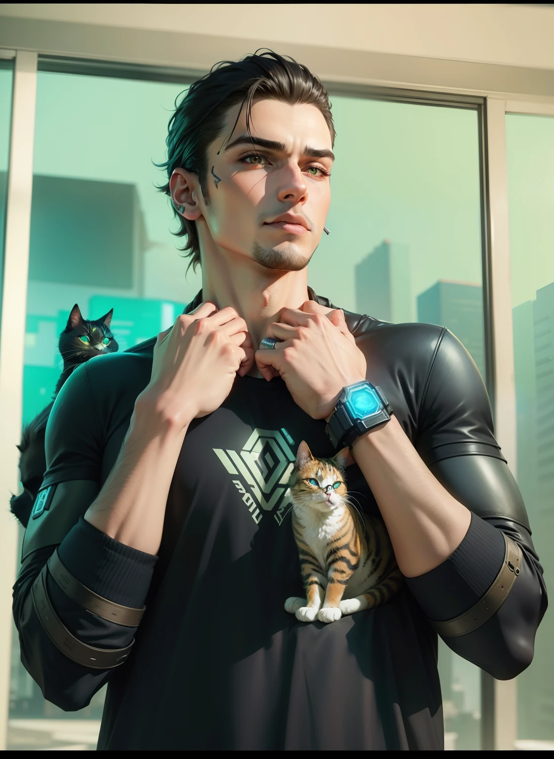 Change Background cyberpunk handsome boy realistic face with a cat on shoulder 8k ultra realistic