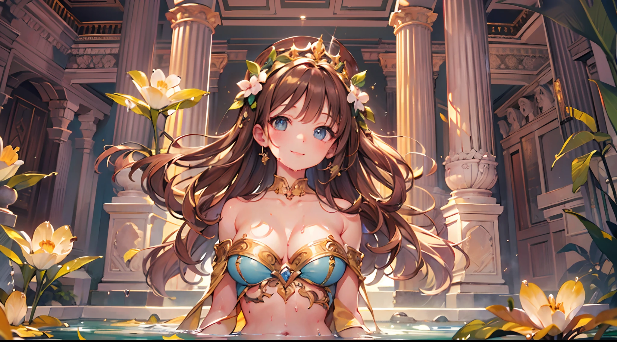 Masterpiece, top quality, super detailed CG, intricate details:1.5), 8k wallpapers, elaborate features,
(1 person, solo:1.4), perfect cartoon illustration, 1 girl, cute face, smiling, naked, her skin wet with hot water, spacious Roman termae, full body illustration,