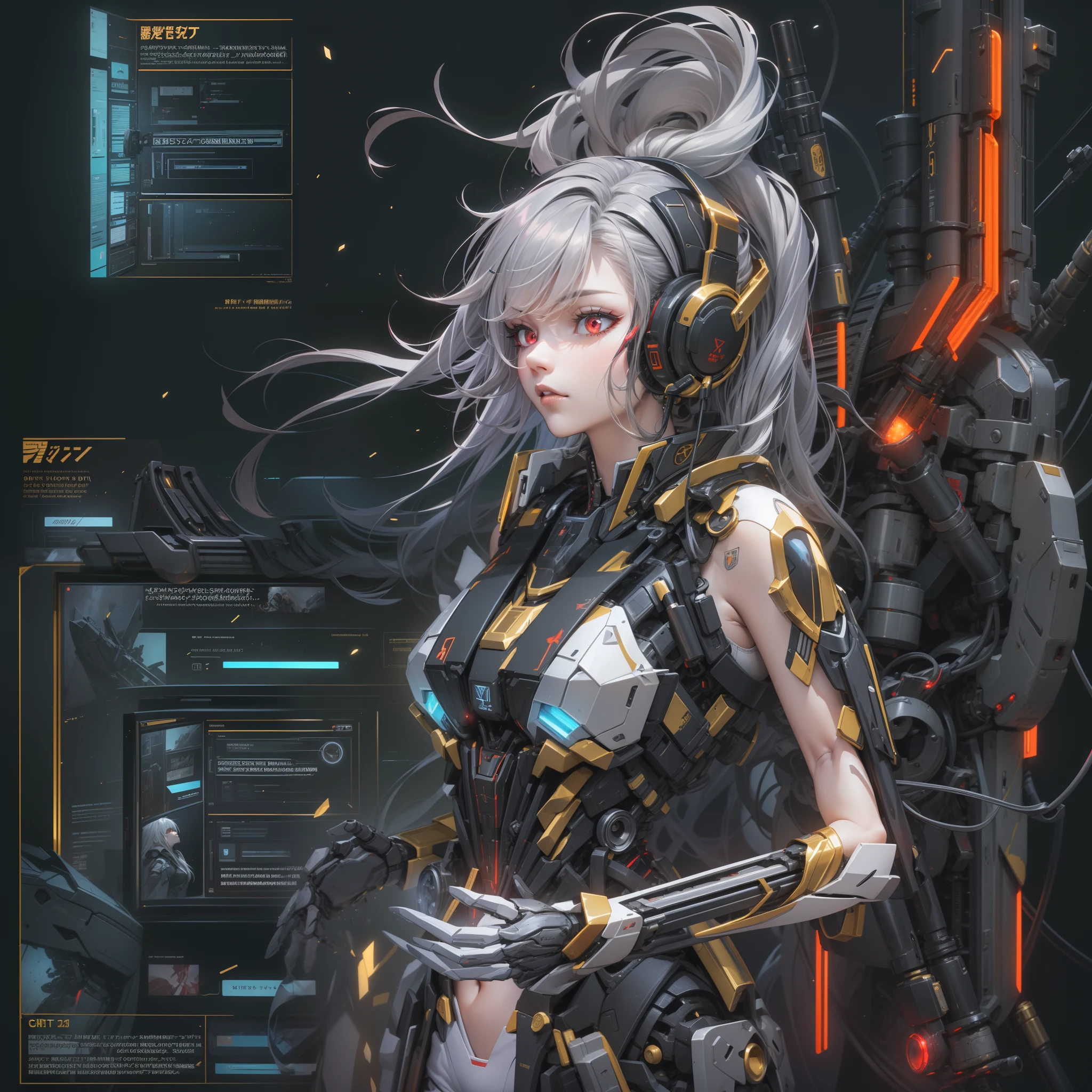 (Golden ratio:1.2),[(Black background:1.4)::10],(Masterpiece), (Best quality), (Ultra detailed),(Disheveled hair),(illustration),(1girll:1.3),Solo,full bodyesbian,Silver hair,Long straight hair,Red eyes,Cyberpunk girl,mecha-girl,Futuristic wireless headphones,Virtual screen projection,LCD screens,Fiber optic cable,Mechanical limb,Small breasts,Slim waist,Mechanical exoskeleton,mechanicalparts,(Drift particle effect:1.3),A conduction tube that emits red light,(Huge jetpack:1.3)+(Folding futuristic sniper rifle:1.3)+(Missile compartment:1.3)
