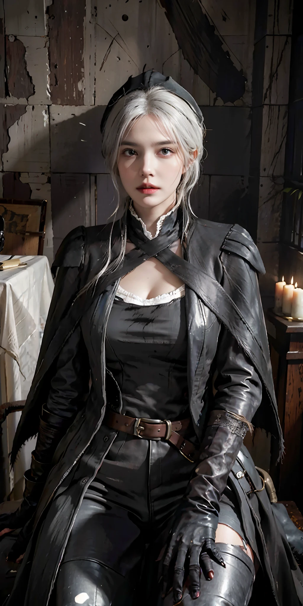 photorealistic, high resolution, soft light,1women, solo, hips up, look at viewer, (detailed face), white hair, edgBB, torn clothes, coat, vambraces, black capelet, capelet, hunter (bloodborne), black gloves, arms at sides, tricorn hat, belt, woman wearing edgBB_outfit, bloody neckcloth, dark, candles, sitting on throne, jewelry