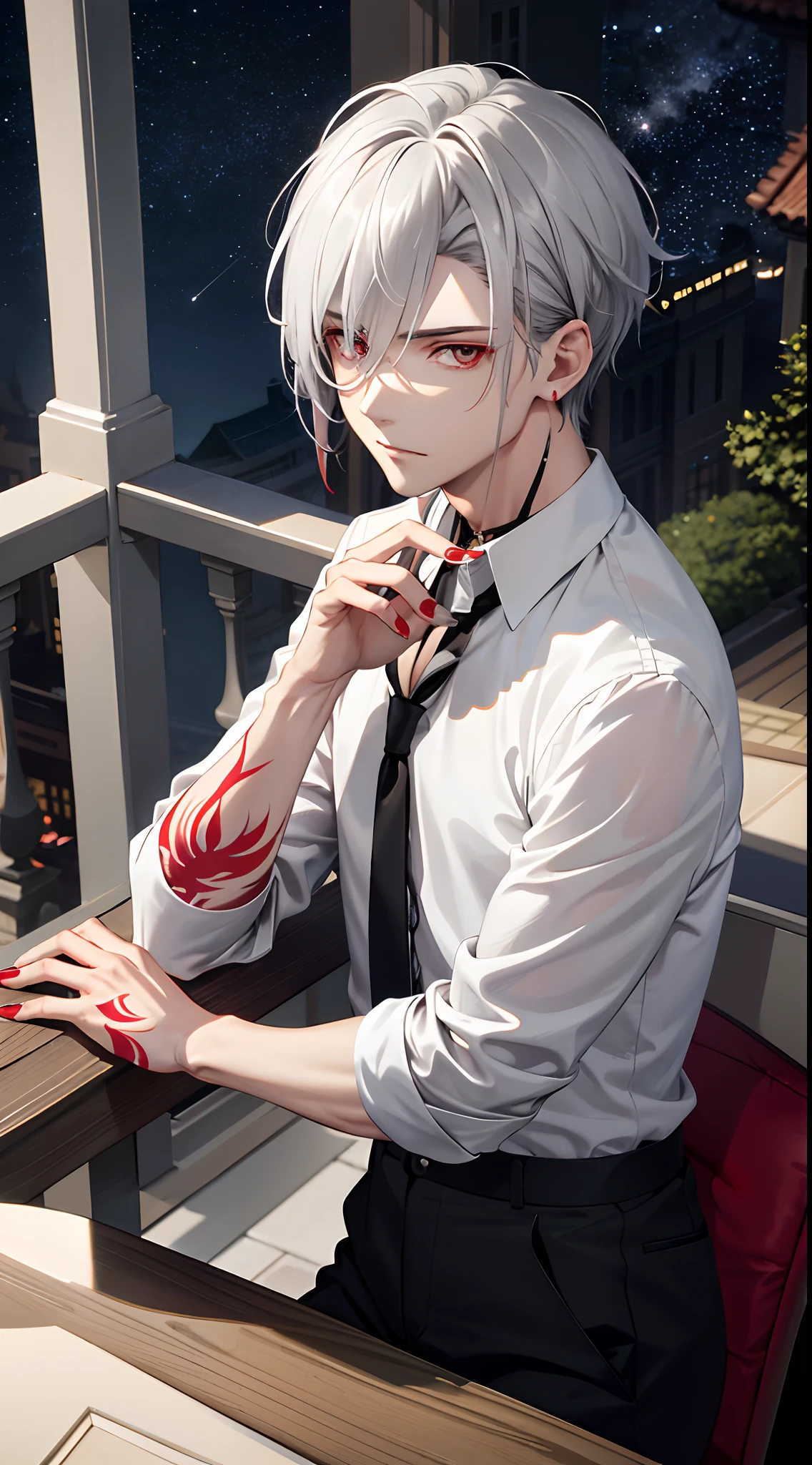 (tmasterpiece、best qualtiy、A high resolution),male people,Lying on the balcony railing,Fantasyart,photographrealistic,动态照明,looking at the stars,poster for,Volumetriclighting,Very detailed faces,in the darkness nigth,deep shading,low tune,red pupils,Inner loneliness,,Medium gray hair,white shirt,Black casual suit,Red tattoo on the arm,Red tattoo on the neck,largeeyes,Red nails,Clear lashes,One guy,The upper part of the body