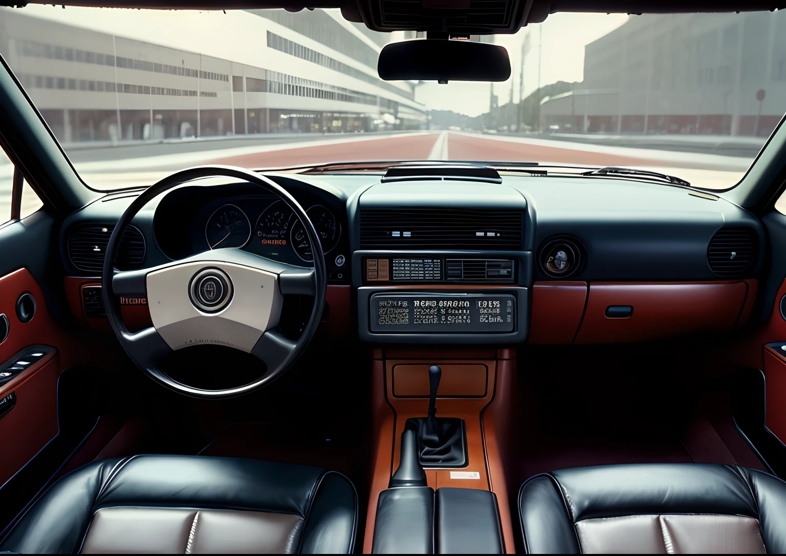 A fotografia de propaganda de 1995 retratando o interior luxuoso de um carro, banco de couro, painel moderno (for the time), automatic transmission, luxury experience.
