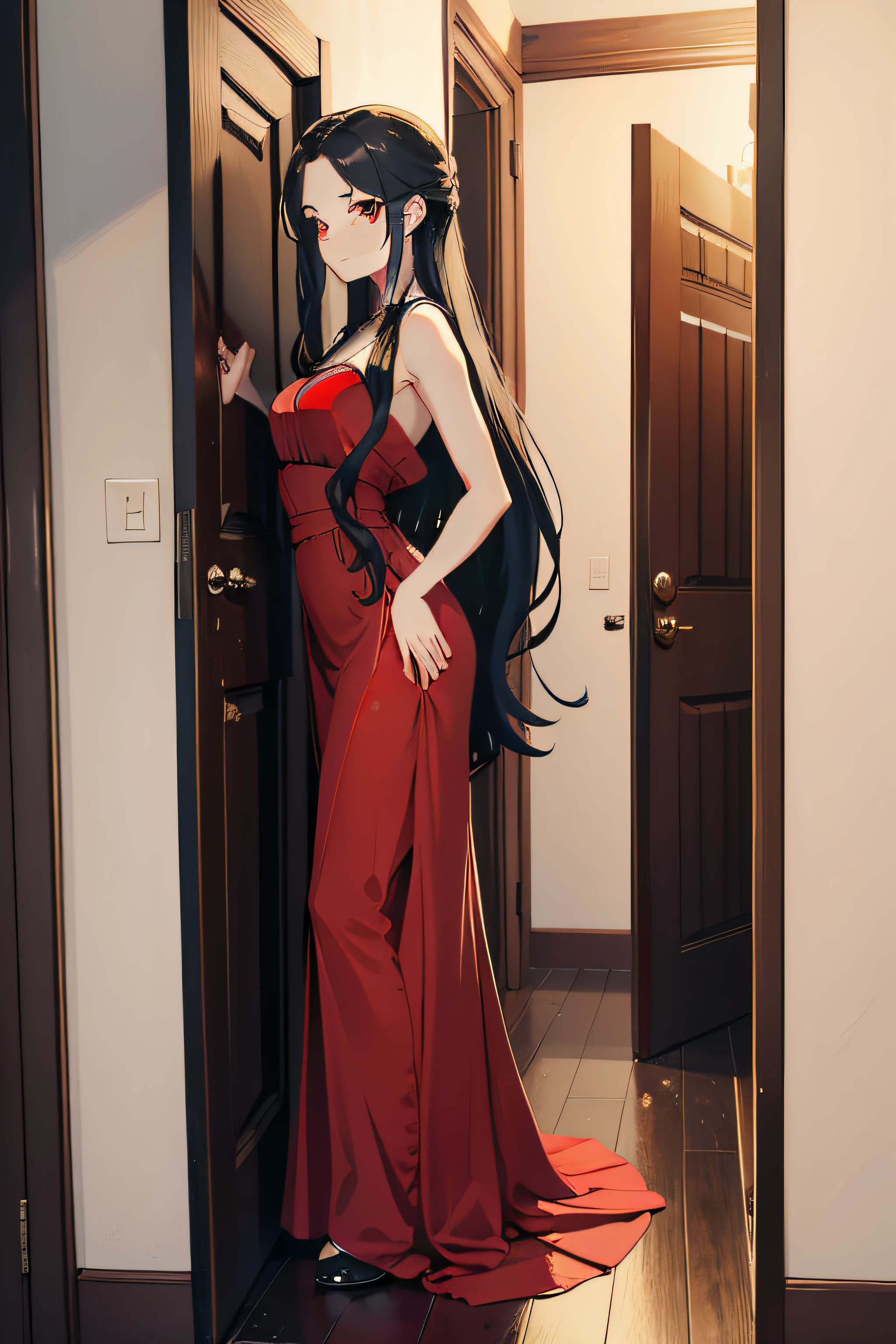 I leaned my back against the door frame, Body Facing Screen, I was wearing a long red dress,,No legs,Push my long hair behind me, I'm charming,The face is grim,Iceberg beauty city painting style,Modern style