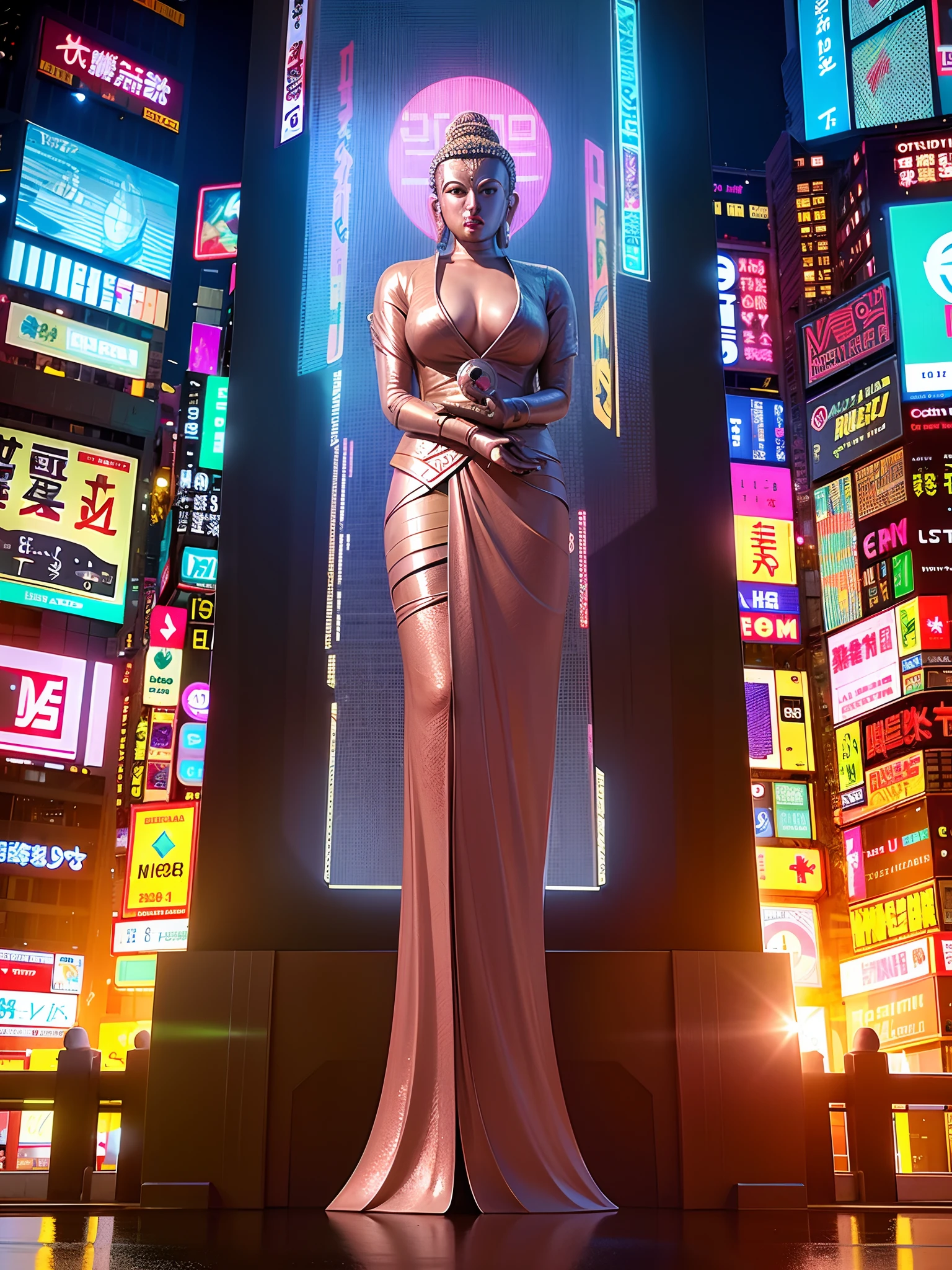 (Huge electronic tall Buddha statue:1.2, ), (Cyberpunk background:1.5), (Photorealistic:1.4), (Best quality:1.0), (超高分辨率:1.0), 8K, RAW photo, (Masterpiece:0.2), Ultra-detailed,