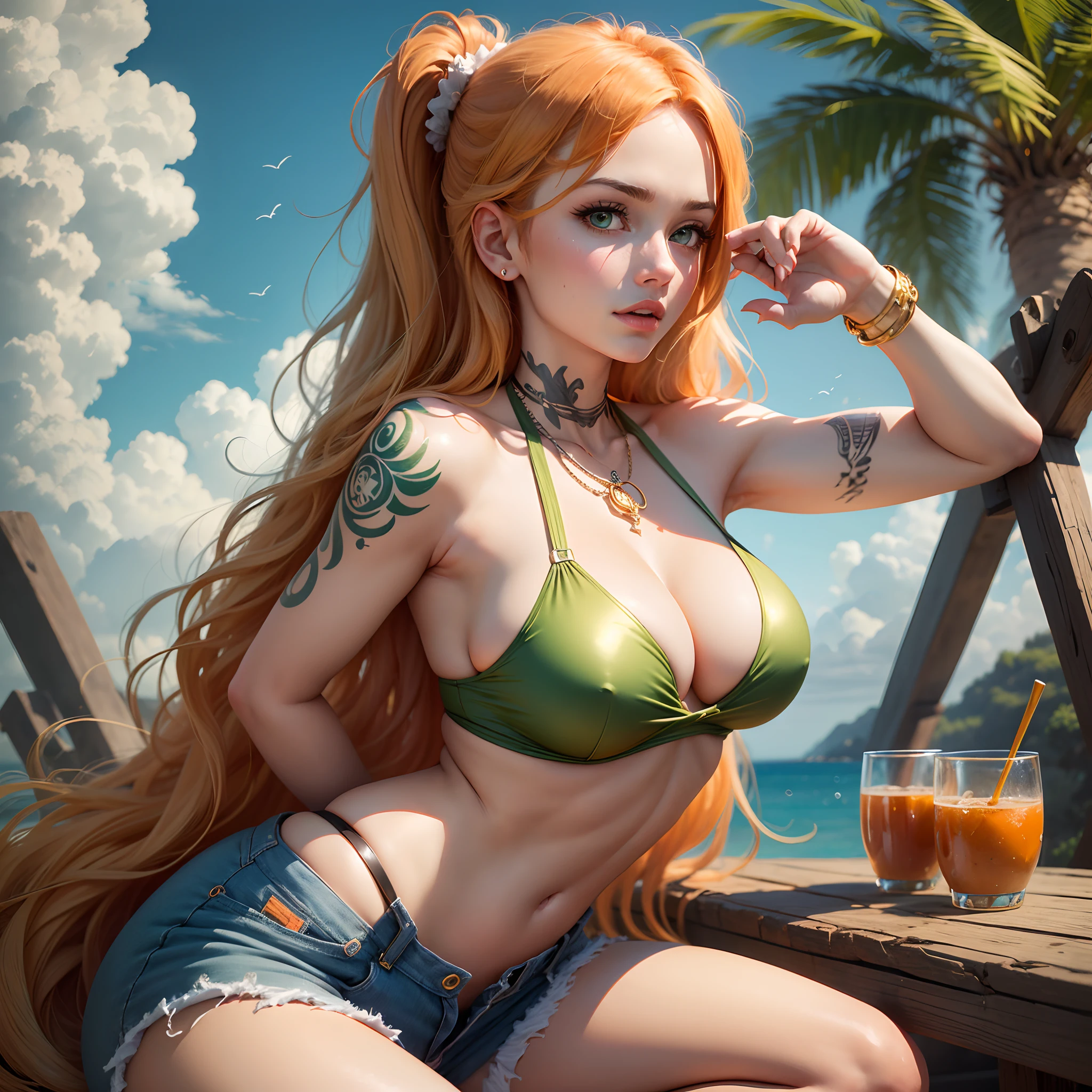 (((masterpiece+best quality+high resolution+ultra-detailed))), 1girl with clima-tact, Nami from One Piece, long silky orange hair, high nose, sharp eyes, noble and inviolable temperament, (([female]: 1.2 + [beauty]: 1.2 + orange long hair: 1.2)), pirate ship background, blue sky, clouds, log pose, gold bracelets, revealing green and white bikini halter top, tight low-rider jeans, shoulder tattoo, bright eyes, dynamic angle and posture. --auto --s2