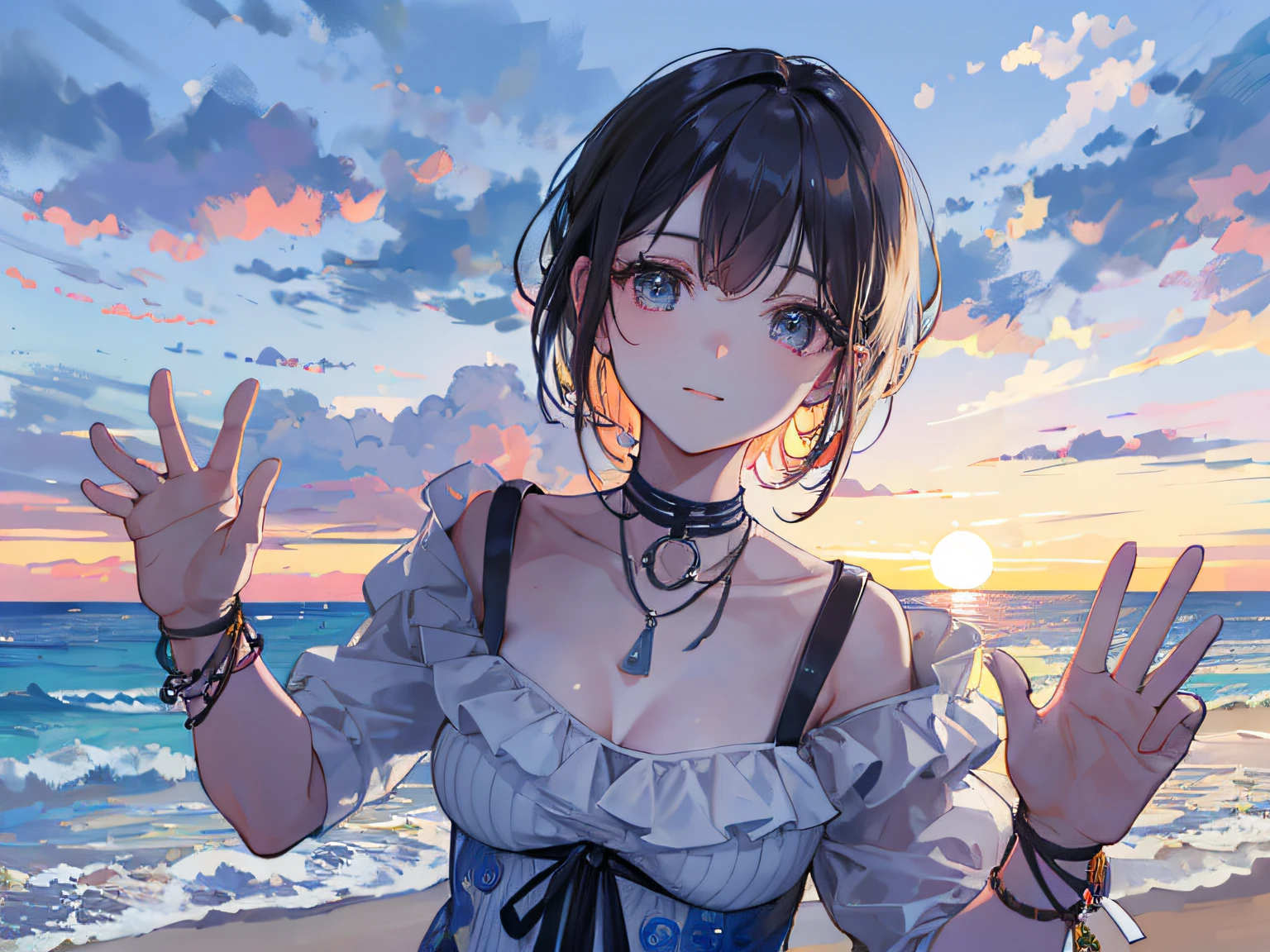 There was a woman standing on the beach，Raise both hands, With sunset,  at beach at sunset, posing on a beach with the ocean, 8k selfie photograph,at a beautiful sunset