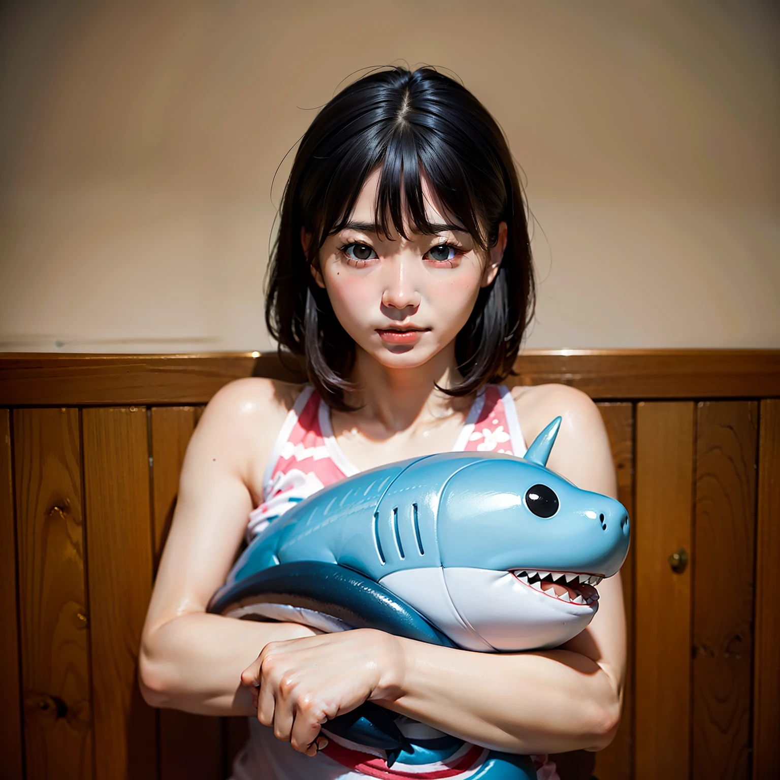 a picture、jpn、Okinawa、Round cute stuffed shark、Beautuful Women、In front of the camera、top-quality、masterpiece、Raw foto、film photography、Hairstyle Short Bob、Light black hair、