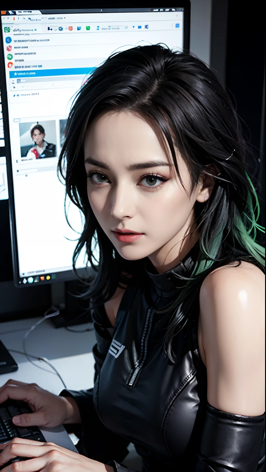 ((Best Quality)), ((Masterpiece)), (Highly Detailed:1.3), 3D, Beautiful (Cyberpunk:1.3) hacker Mexican woman with thick voluminous green hair operating a computer terminal, computer servers, LCD screens, fiber optic cables, corporate logos, HDR (High Dynamic Range), Ray Tracing, NVIDIA RTX, Super-Resolution, Unreal 5, Subsurface Scattering, PBR Texturing, Post-processing, Anisotropic filtering, Depth of field,  Maximum clarity and sharpness, Multilayer textures, Albedo and specular maps, Surface shading, accurate simulation of light-material interaction, perfect proportions, Octane Render, two-tone lighting, low ISO, white balance, rule of thirds, wide aperature, 8K RAW, efficient sub-pixel, sub-pixel convolution, luminescent particles,